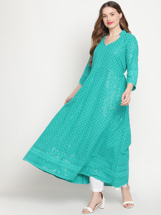 Kalini Chikankari Embroidered Pure Cotton Anarkali Kurta | Swadesiicart