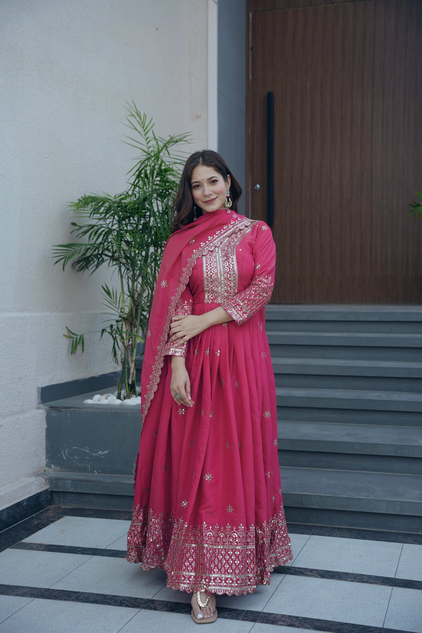 Lorenvalley Fashion Gajari Pink Shimmer Silk Embroidery Sequins Work Anarkali Gown with Dupatta | Swadesiicart