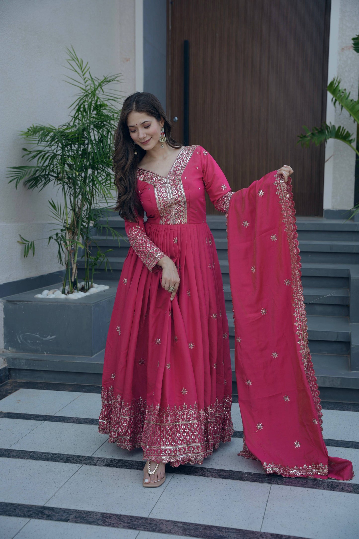 Lorenvalley Fashion Gajari Pink Shimmer Silk Embroidery Sequins Work Anarkali Gown with Dupatta | Swadesiicart