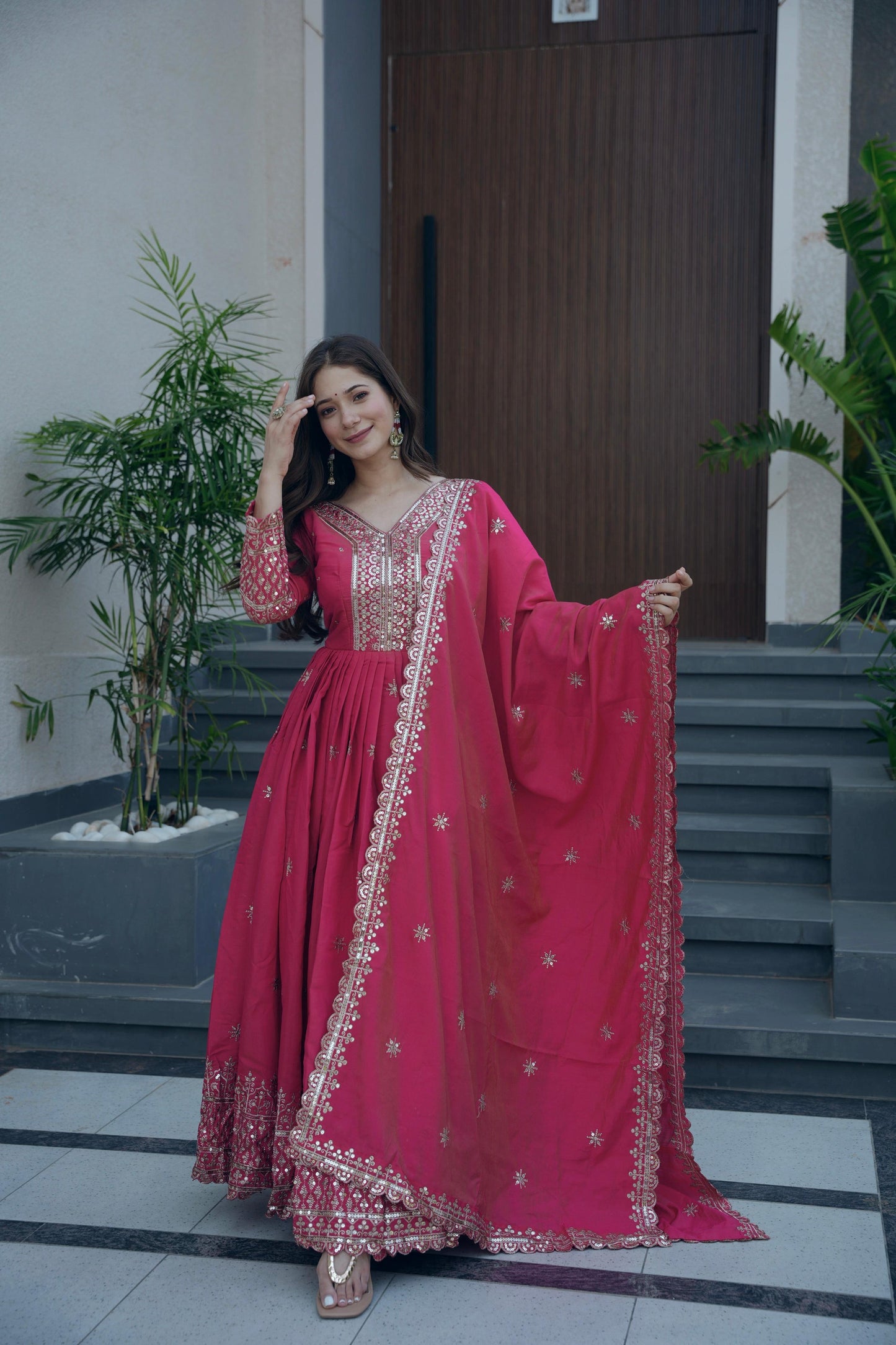 Lorenvalley Fashion Gajari Pink Shimmer Silk Embroidery Sequins Work Anarkali Gown with Dupatta | Swadesiicart
