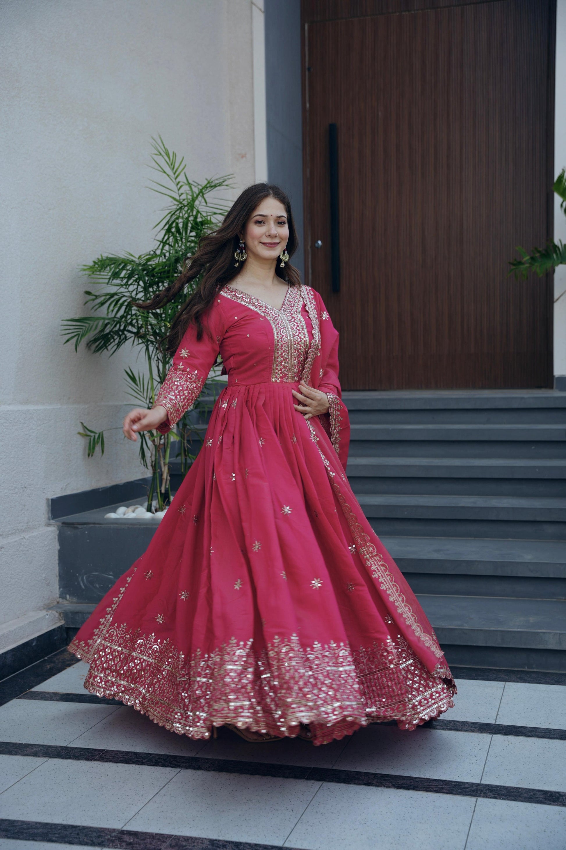 Lorenvalley Fashion Gajari Pink Shimmer Silk Embroidery Sequins Work Anarkali Gown with Dupatta | Swadesiicart