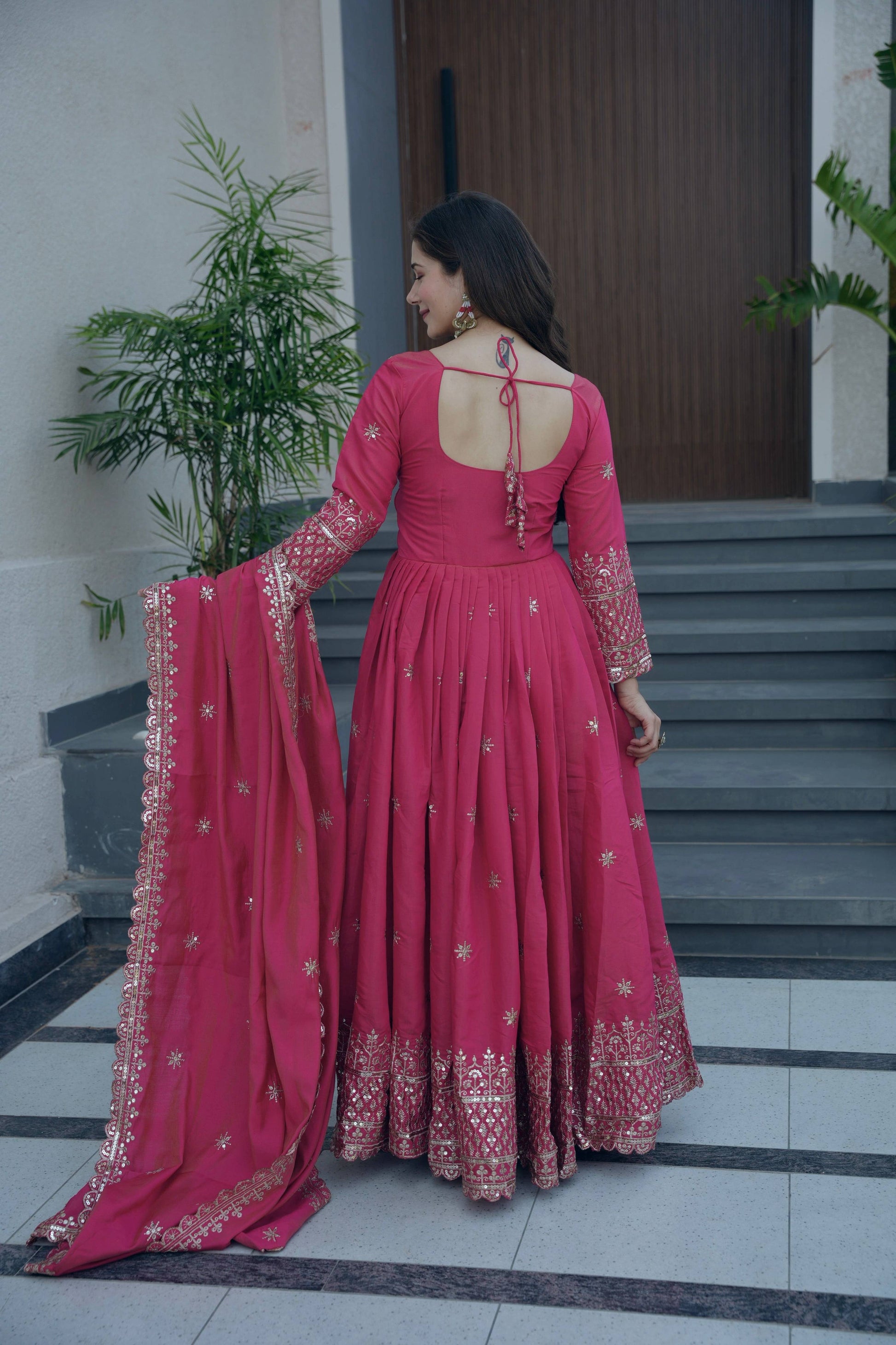 Lorenvalley Fashion Gajari Pink Shimmer Silk Embroidery Sequins Work Anarkali Gown with Dupatta | Swadesiicart