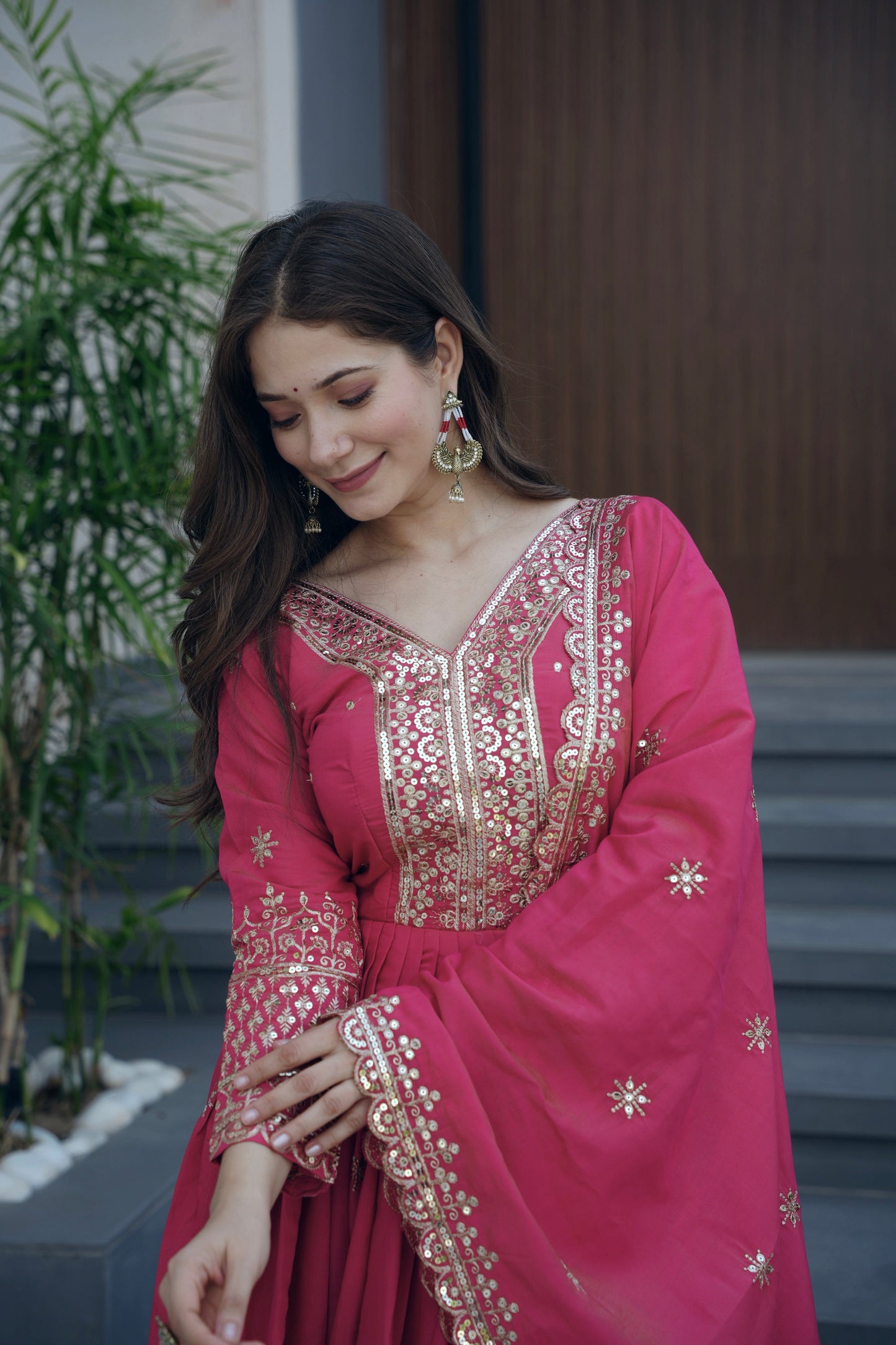 Lorenvalley Fashion Gajari Pink Shimmer Silk Embroidery Sequins Work Anarkali Gown with Dupatta | Swadesiicart
