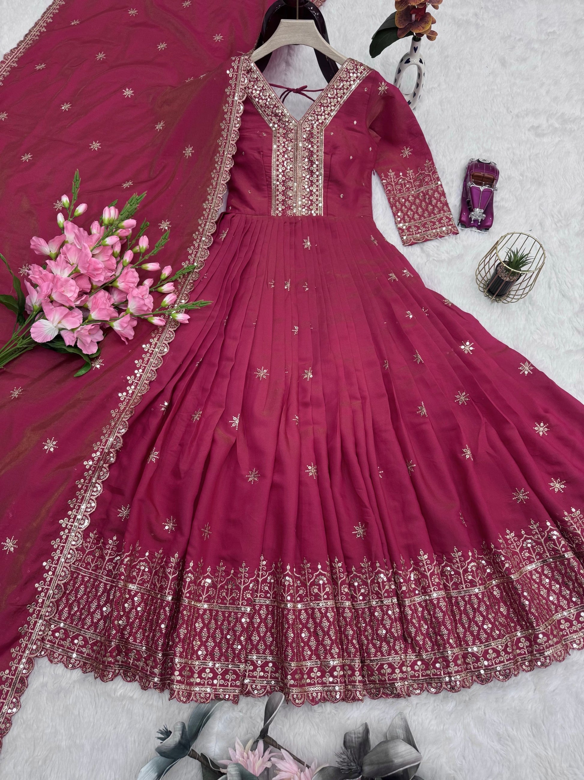 Lorenvalley Fashion Gajari Pink Shimmer Silk Embroidery Sequins Work Anarkali Gown with Dupatta | Swadesiicart