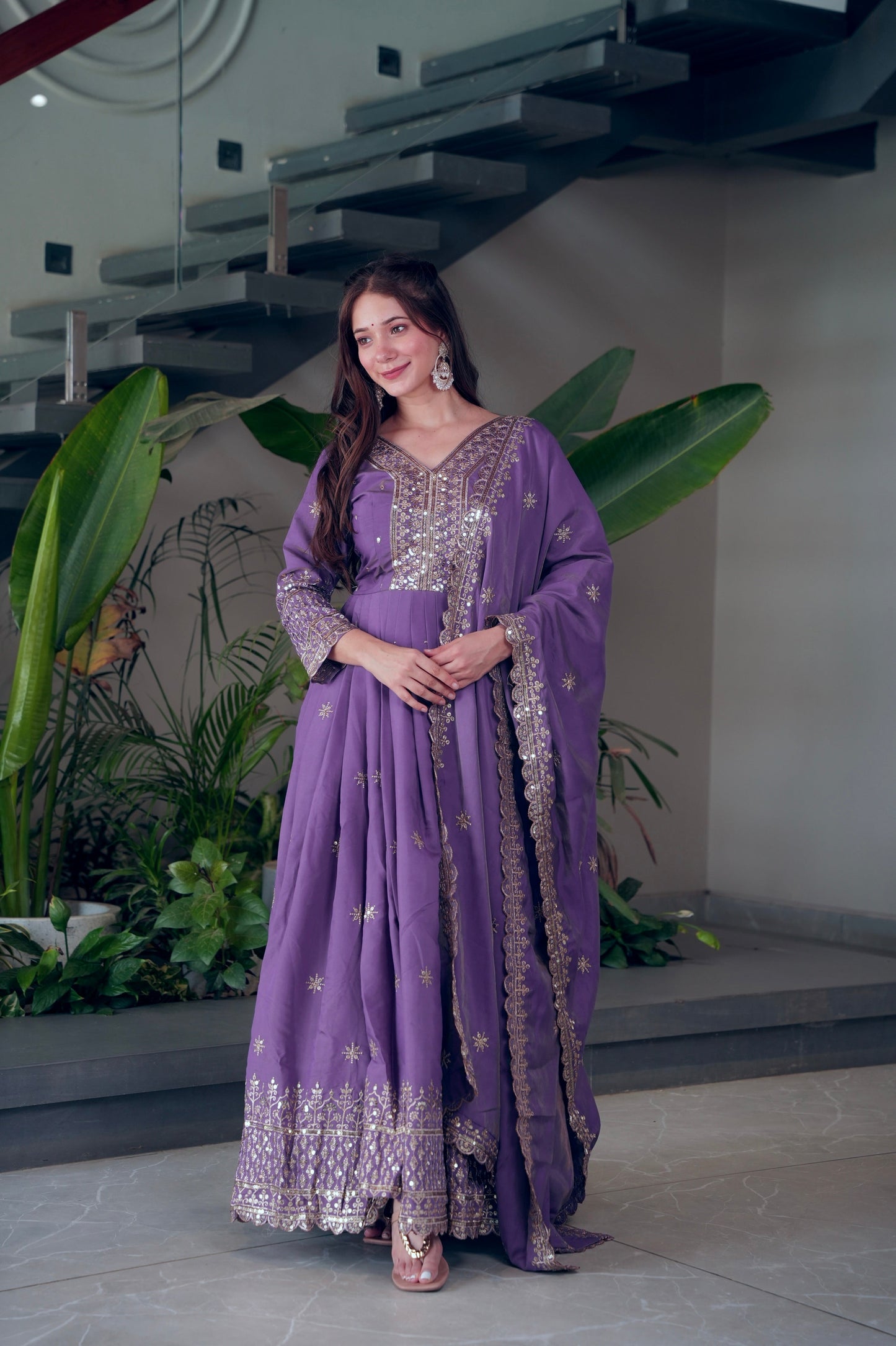 Lorenvalley Fashion Lavender Shimmer Silk Embroidery Sequins Work Anarkali Gown with Dupatta | Swadesiicart