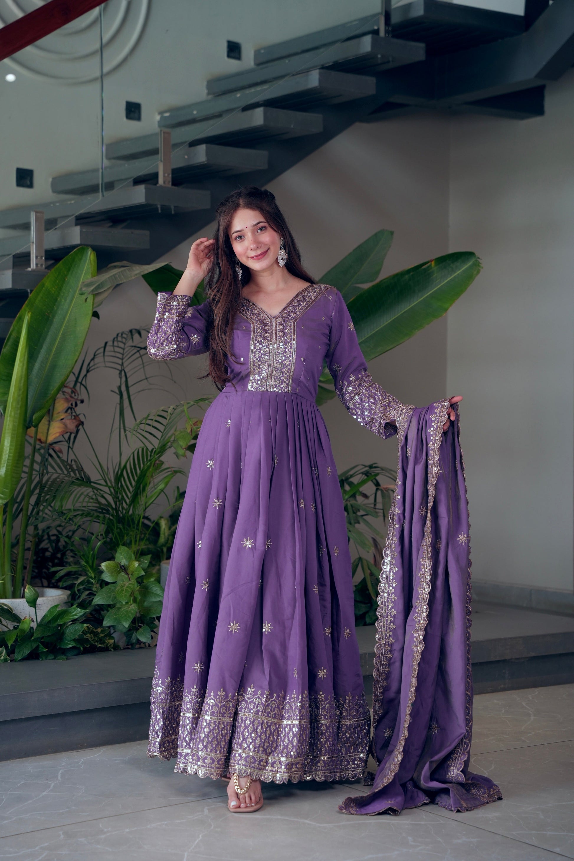 Lorenvalley Fashion Lavender Shimmer Silk Embroidery Sequins Work Anarkali Gown with Dupatta | Swadesiicart