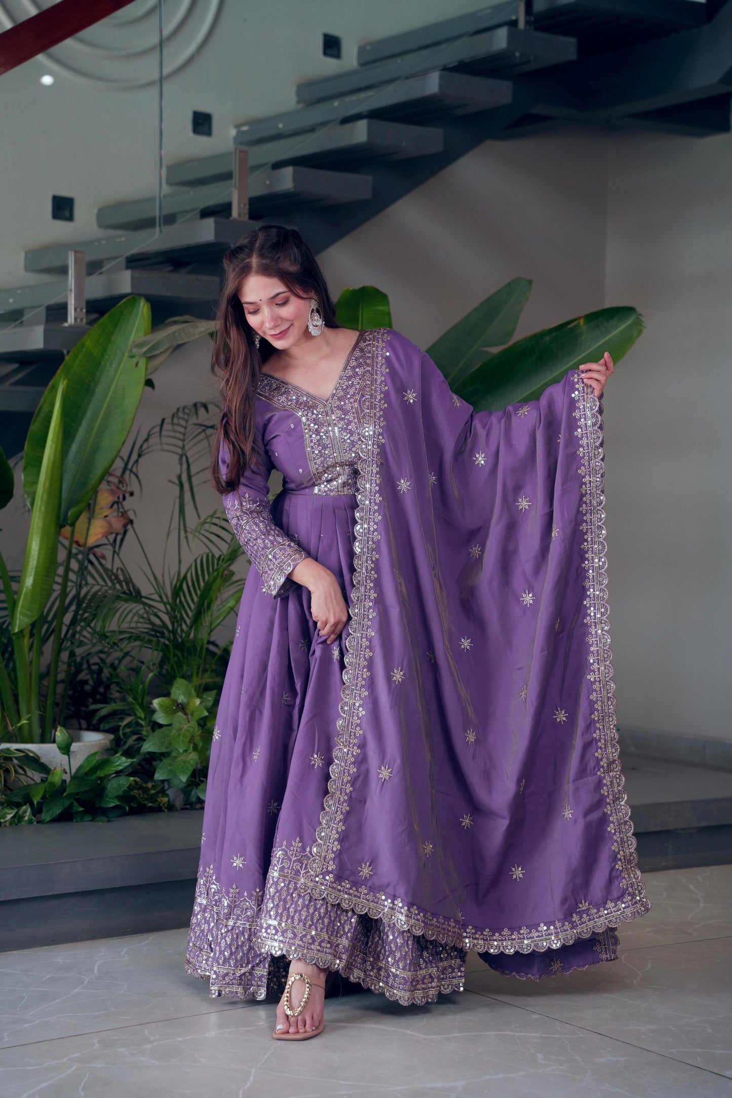 Lorenvalley Fashion Lavender Shimmer Silk Embroidery Sequins Work Anarkali Gown with Dupatta | Swadesiicart