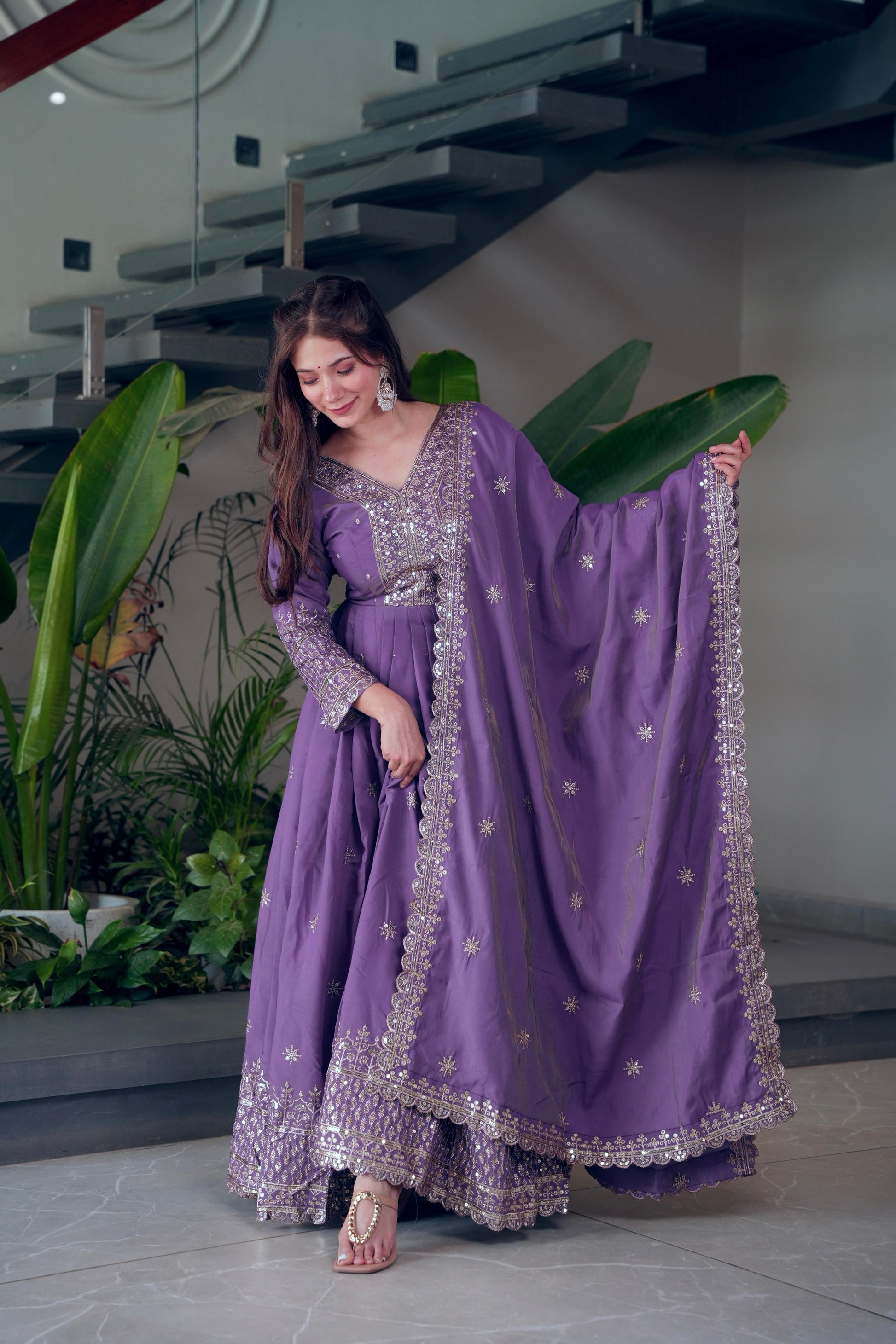 Lorenvalley Fashion Lavender Shimmer Silk Embroidery Sequins Work Anarkali Gown with Dupatta | Swadesiicart