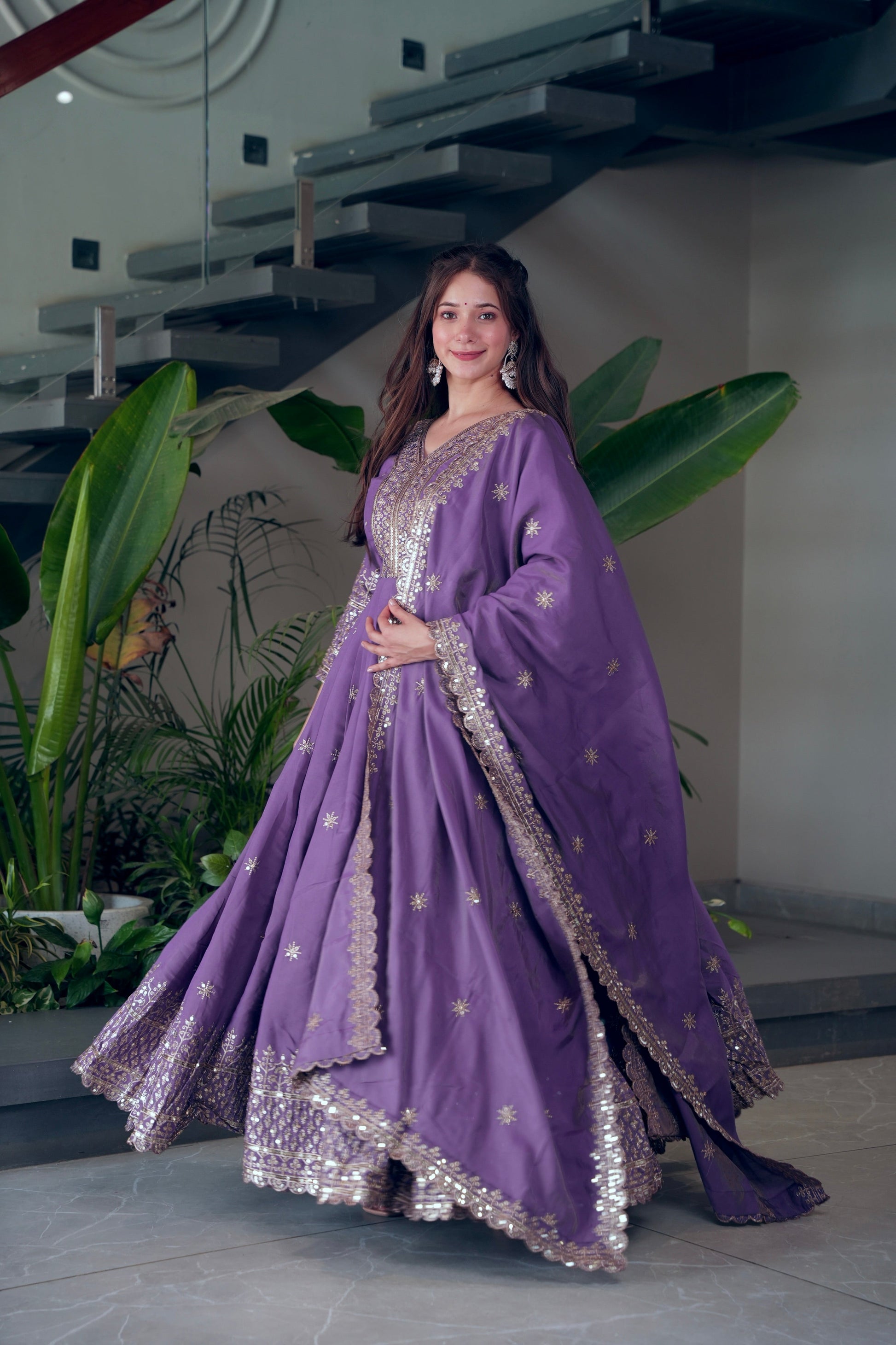 Lorenvalley Fashion Lavender Shimmer Silk Embroidery Sequins Work Anarkali Gown with Dupatta | Swadesiicart