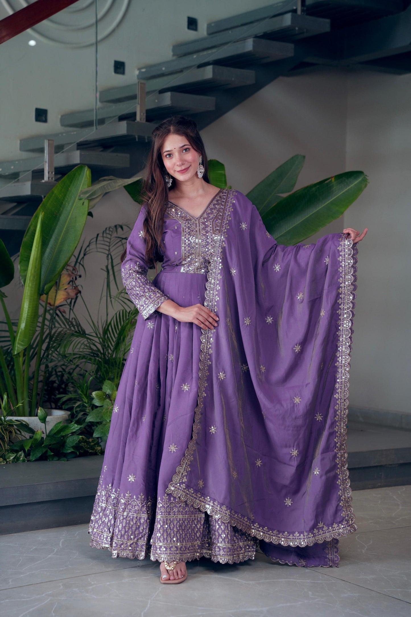 Lorenvalley Fashion Lavender Shimmer Silk Embroidery Sequins Work Anarkali Gown with Dupatta | Swadesiicart