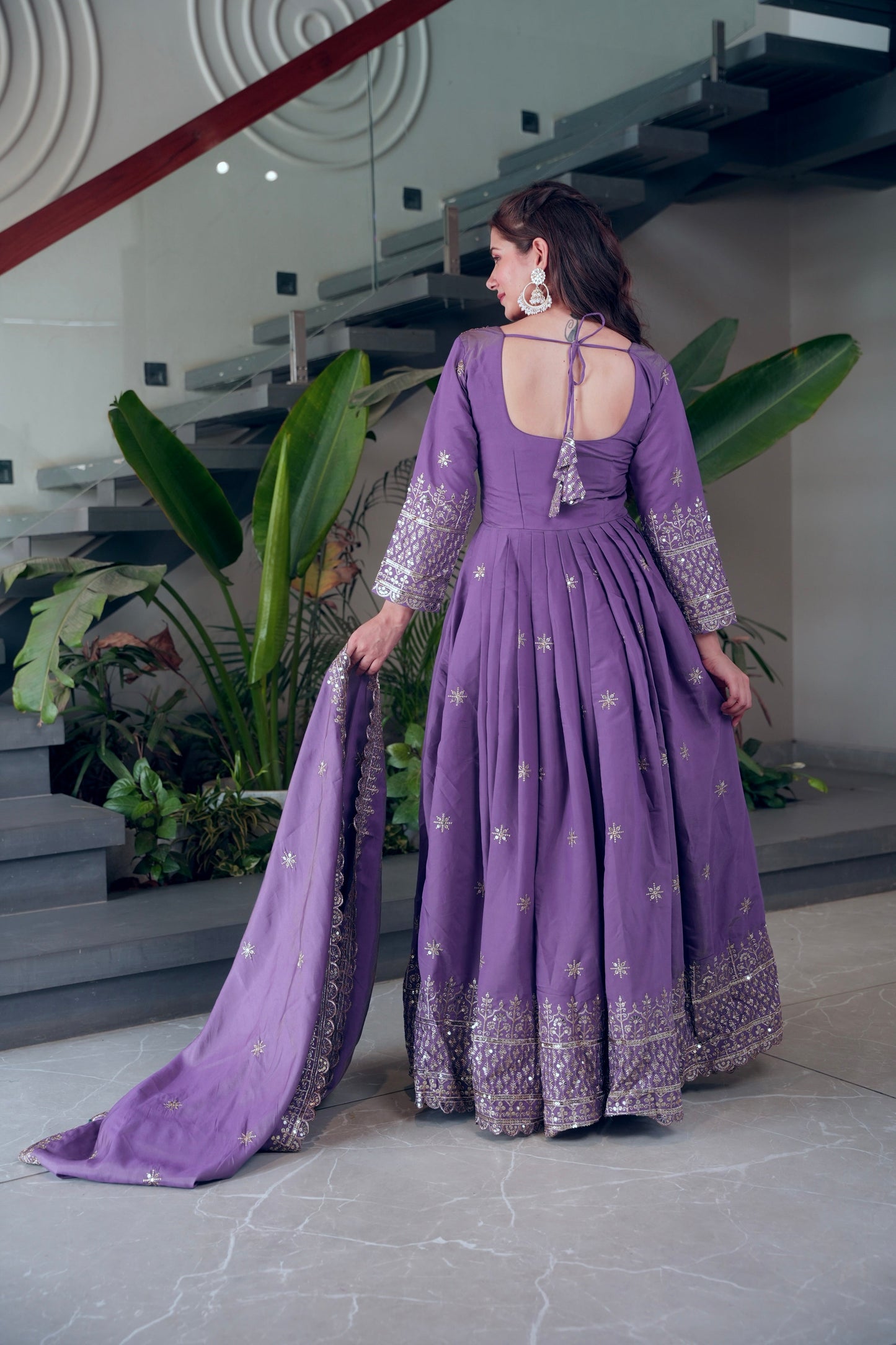 Lorenvalley Fashion Lavender Shimmer Silk Embroidery Sequins Work Anarkali Gown with Dupatta | Swadesiicart