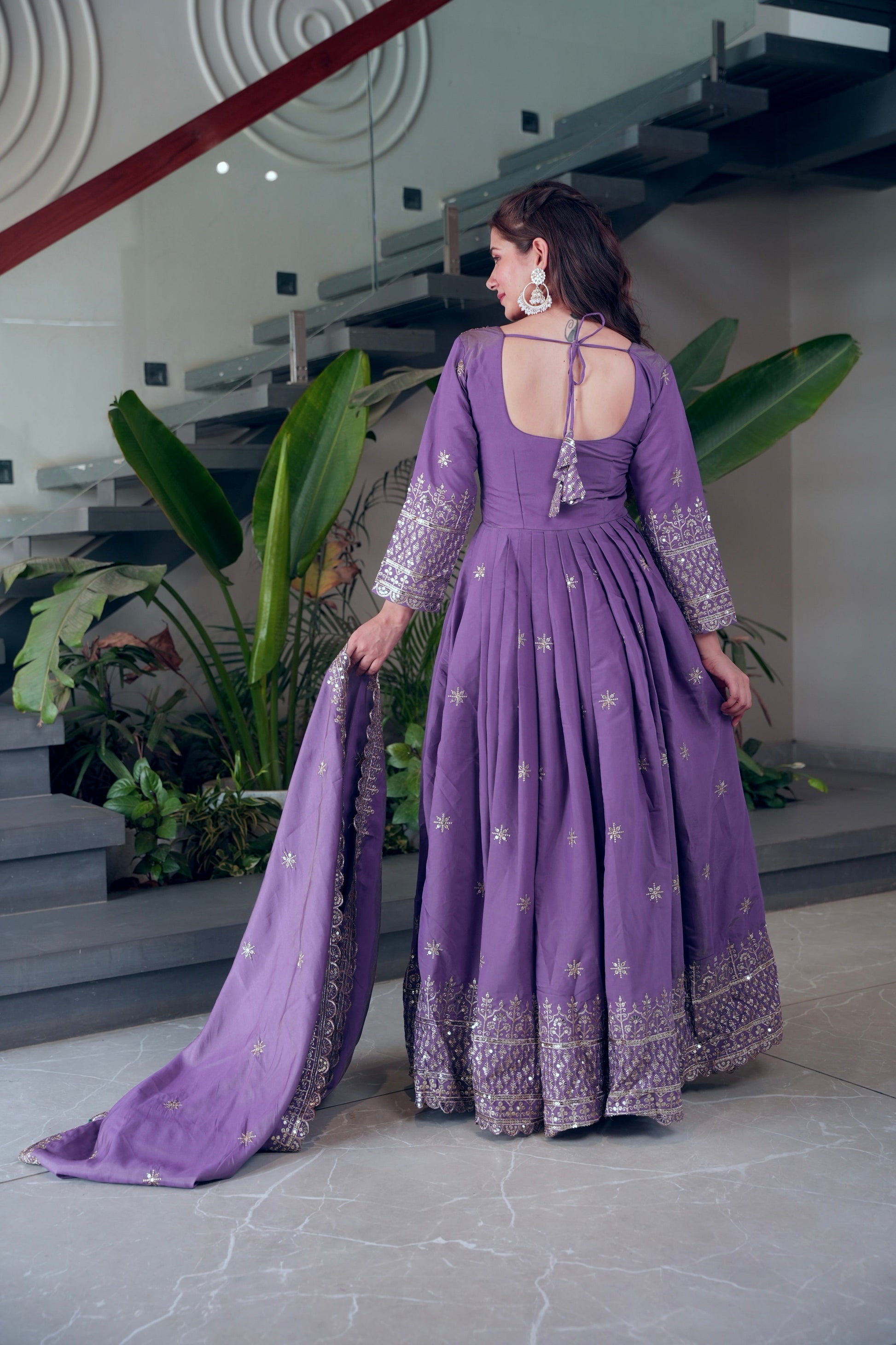Lorenvalley Fashion Lavender Shimmer Silk Embroidery Sequins Work Anarkali Gown with Dupatta | Swadesiicart