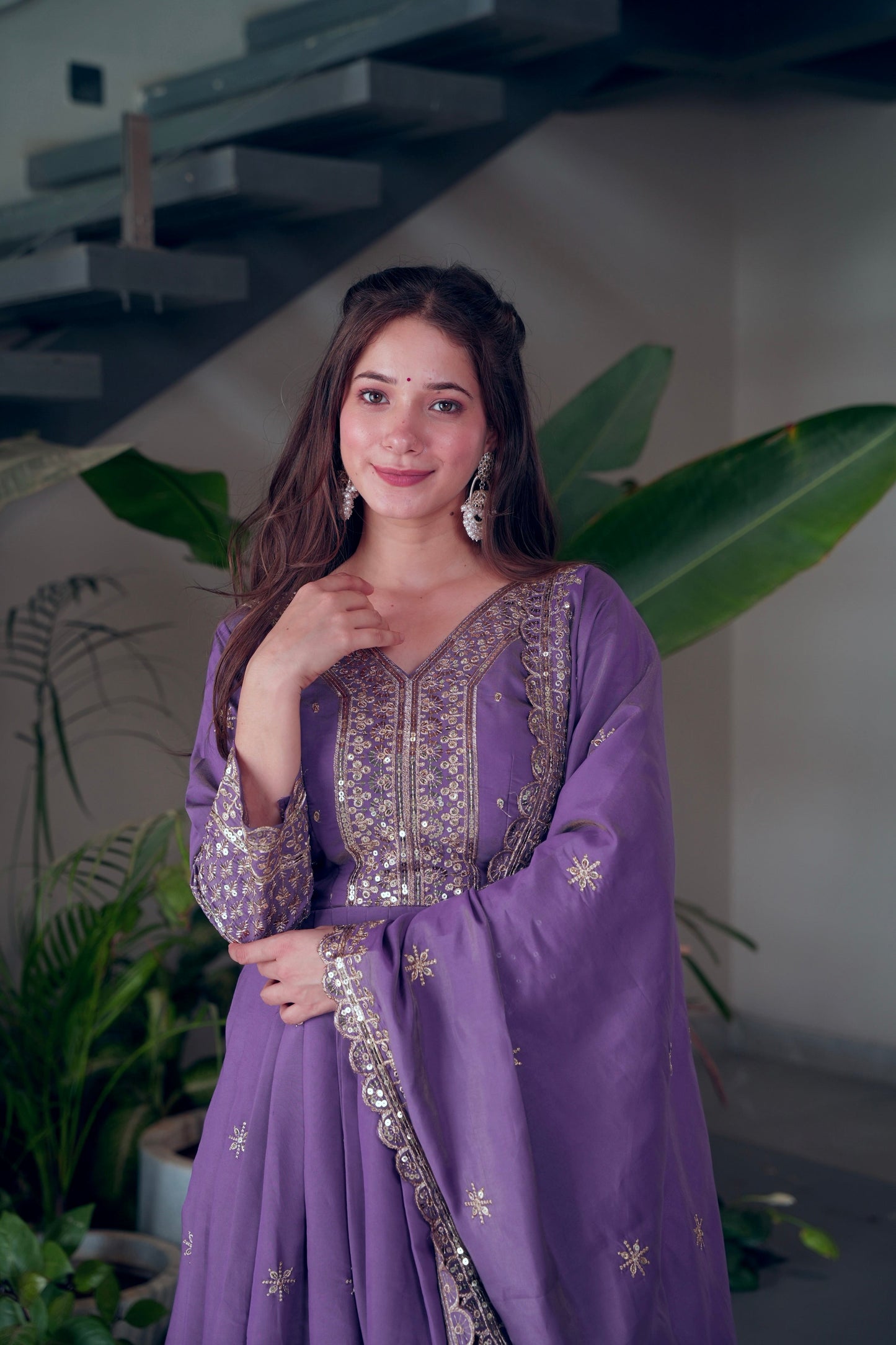 Lorenvalley Fashion Lavender Shimmer Silk Embroidery Sequins Work Anarkali Gown with Dupatta | Swadesiicart