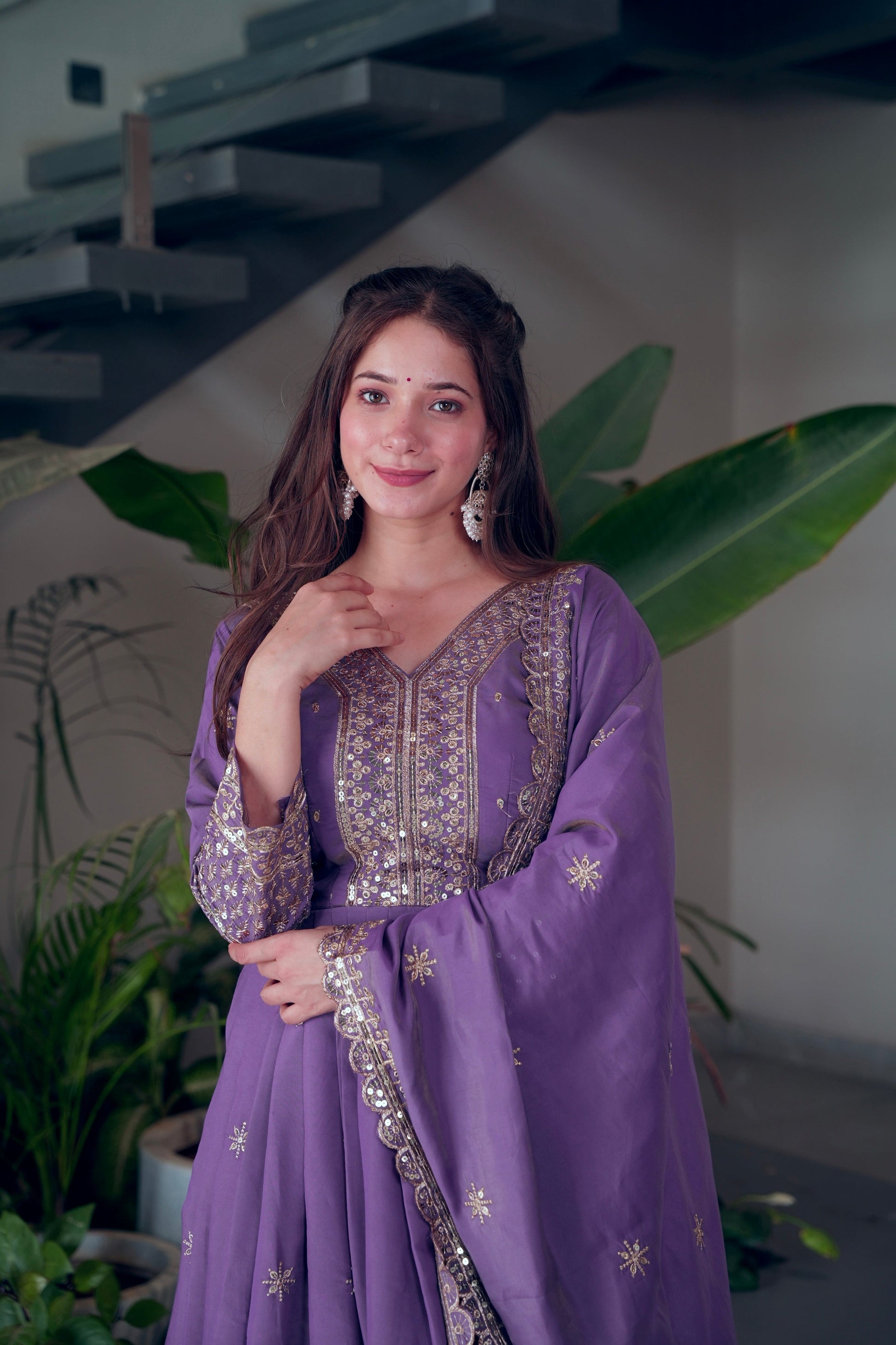 Lorenvalley Fashion Lavender Shimmer Silk Embroidery Sequins Work Anarkali Gown with Dupatta | Swadesiicart