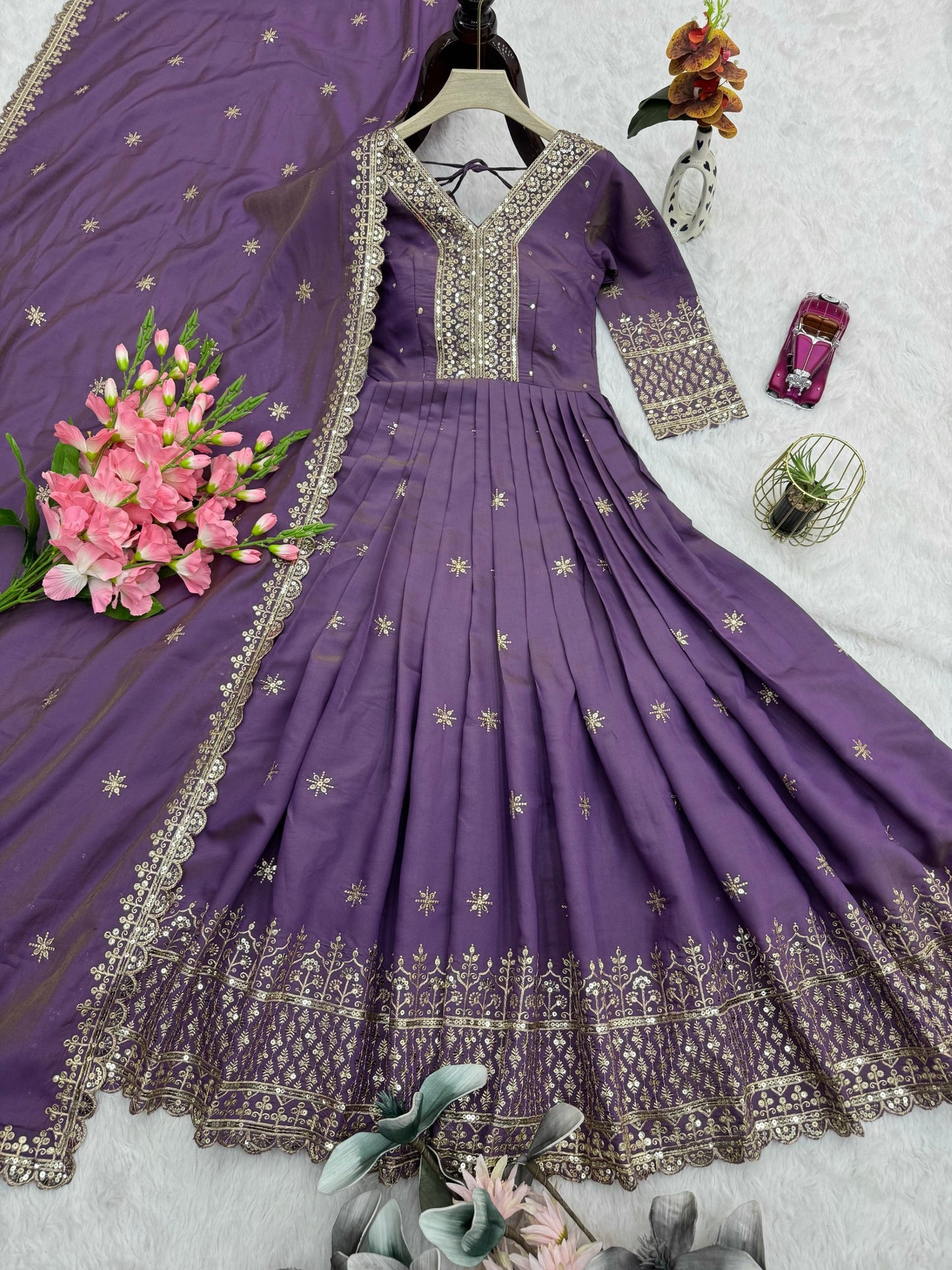 Lorenvalley Fashion Lavender Shimmer Silk Embroidery Sequins Work Anarkali Gown with Dupatta | Swadesiicart