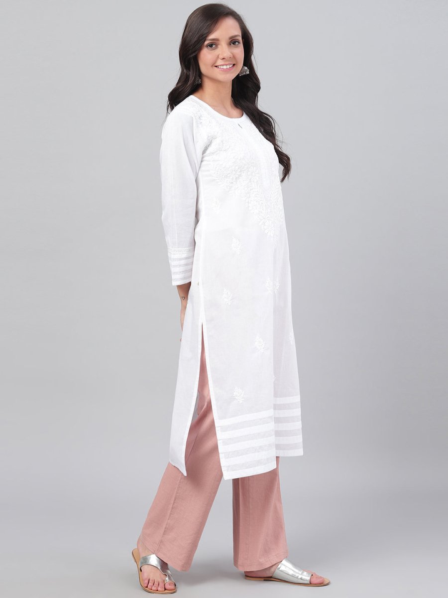 ADA Women White Chikankari Hand-Embroidered Straight Sustainable Handloom Kurta | Swadesiicart