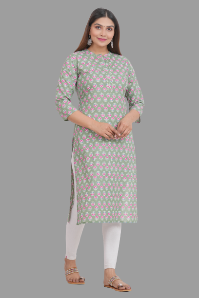 House of RP Women's Green Cotton Floral Print Straight Kurta | Swadesiicart