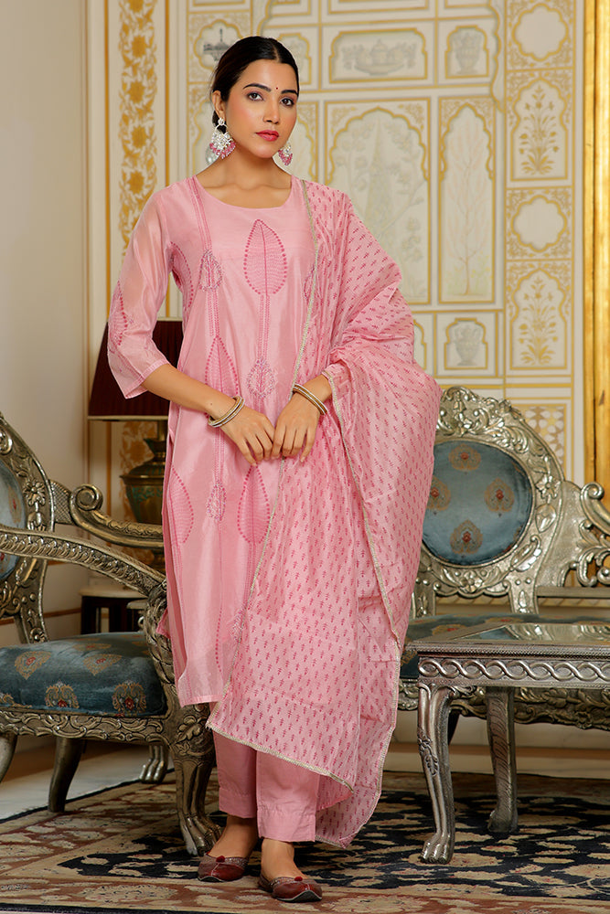 Vaasva Women Pink Chanderi Block Printed Embroidered Kurta Set With Solid Pants & Dupatta | Swadesiicart