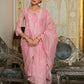 Vaasva Women Pink Chanderi Block Printed Embroidered Kurta Set With Solid Pants & Dupatta | Swadesiicart