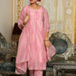 Vaasva Women Pink Chanderi Block Printed Embroidered Kurta Set With Solid Pants & Dupatta | Swadesiicart