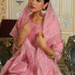 Vaasva Women Pink Chanderi Block Printed Embroidered Kurta Set With Solid Pants & Dupatta | Swadesiicart