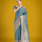 Monjolika Fashion Dusty Cyan Weaving Banarasi Satin Silk Trendy Saree For Festival | Swadesiicart