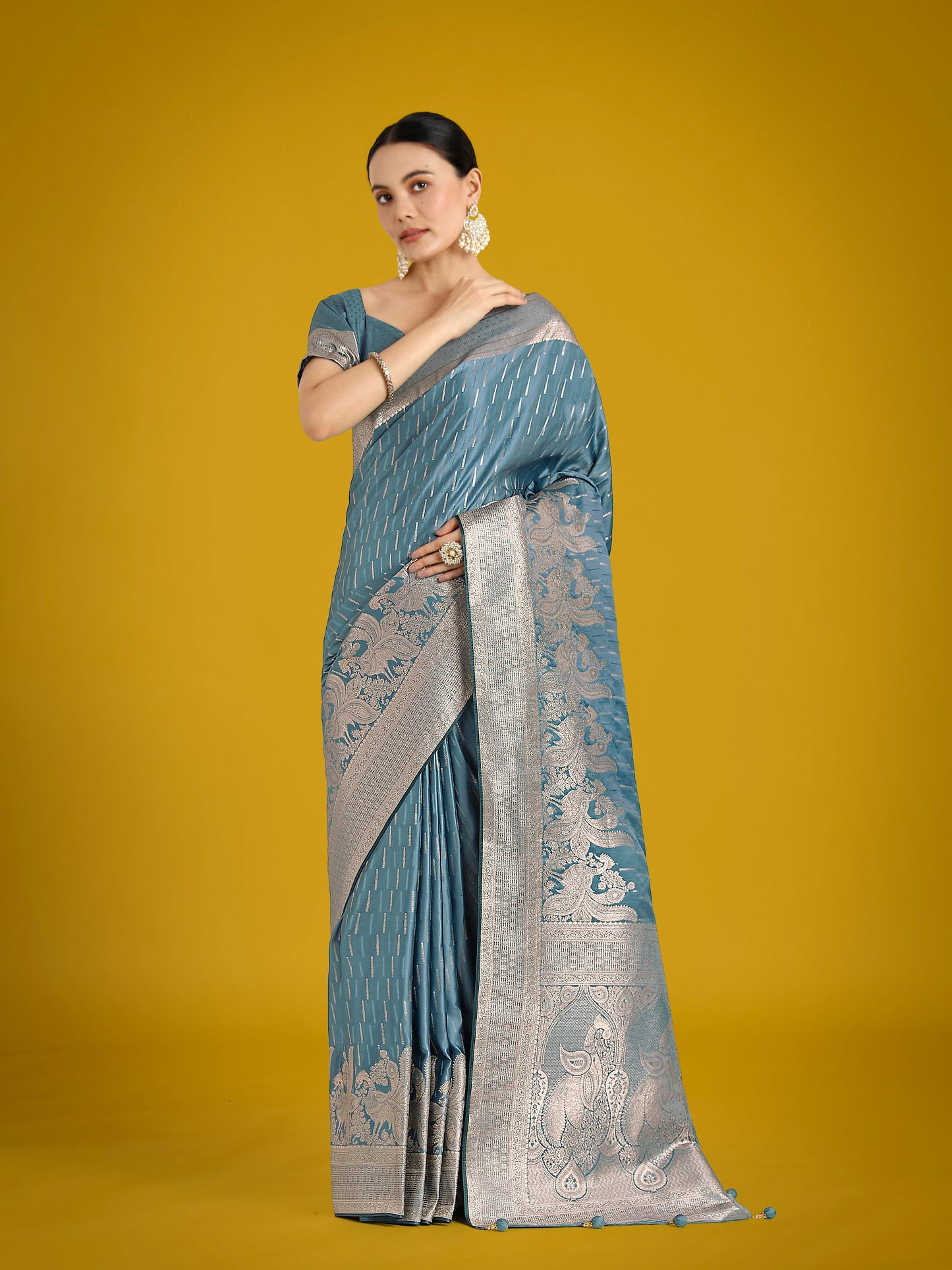 Monjolika Fashion Dusty Cyan Weaving Banarasi Satin Silk Trendy Saree For Festival | Swadesiicart
