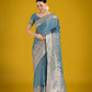 Monjolika Fashion Dusty Cyan Weaving Banarasi Satin Silk Trendy Saree For Festival | Swadesiicart