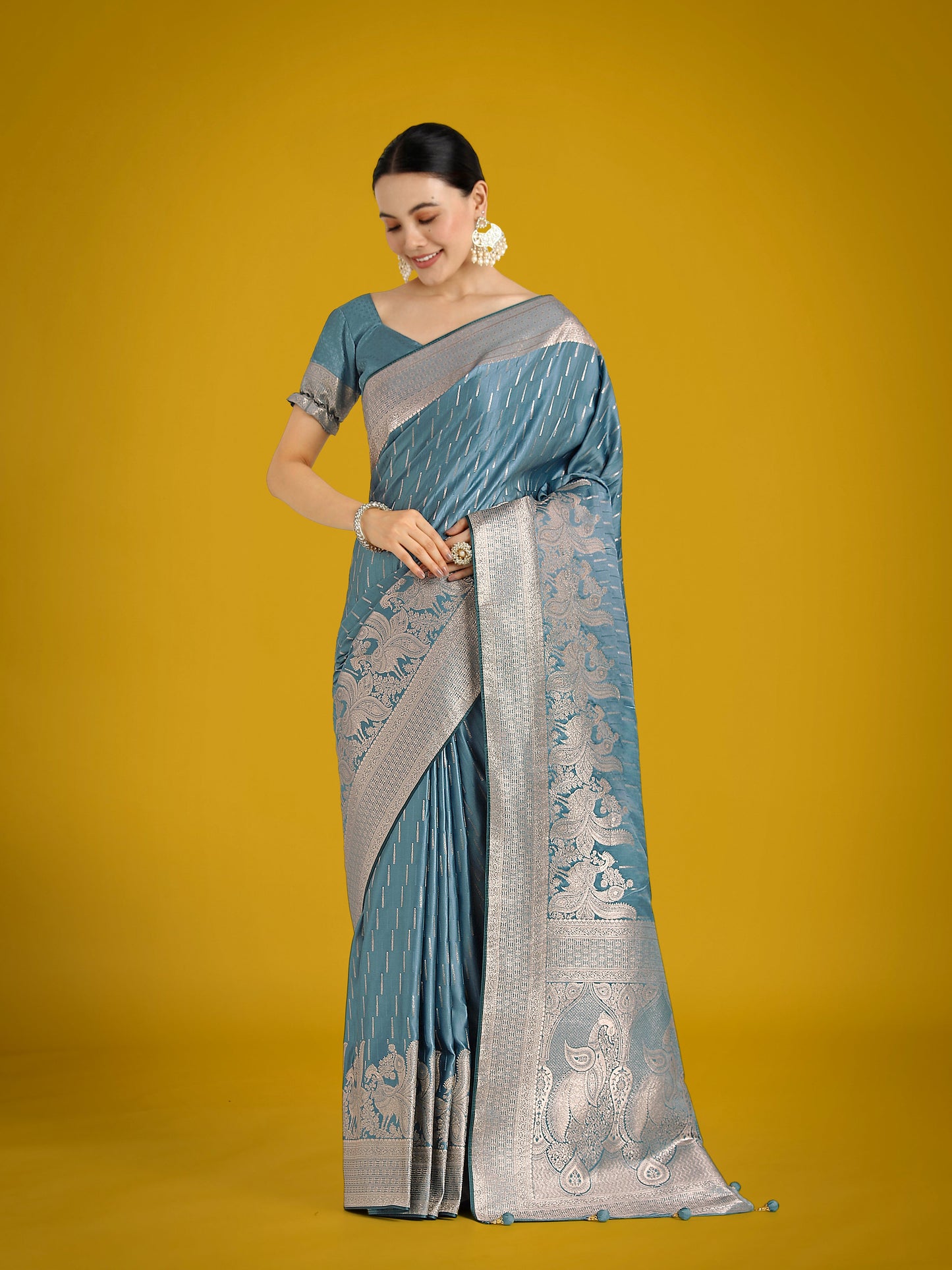 Monjolika Fashion Dusty Cyan Weaving Banarasi Satin Silk Trendy Saree For Festival | Swadesiicart