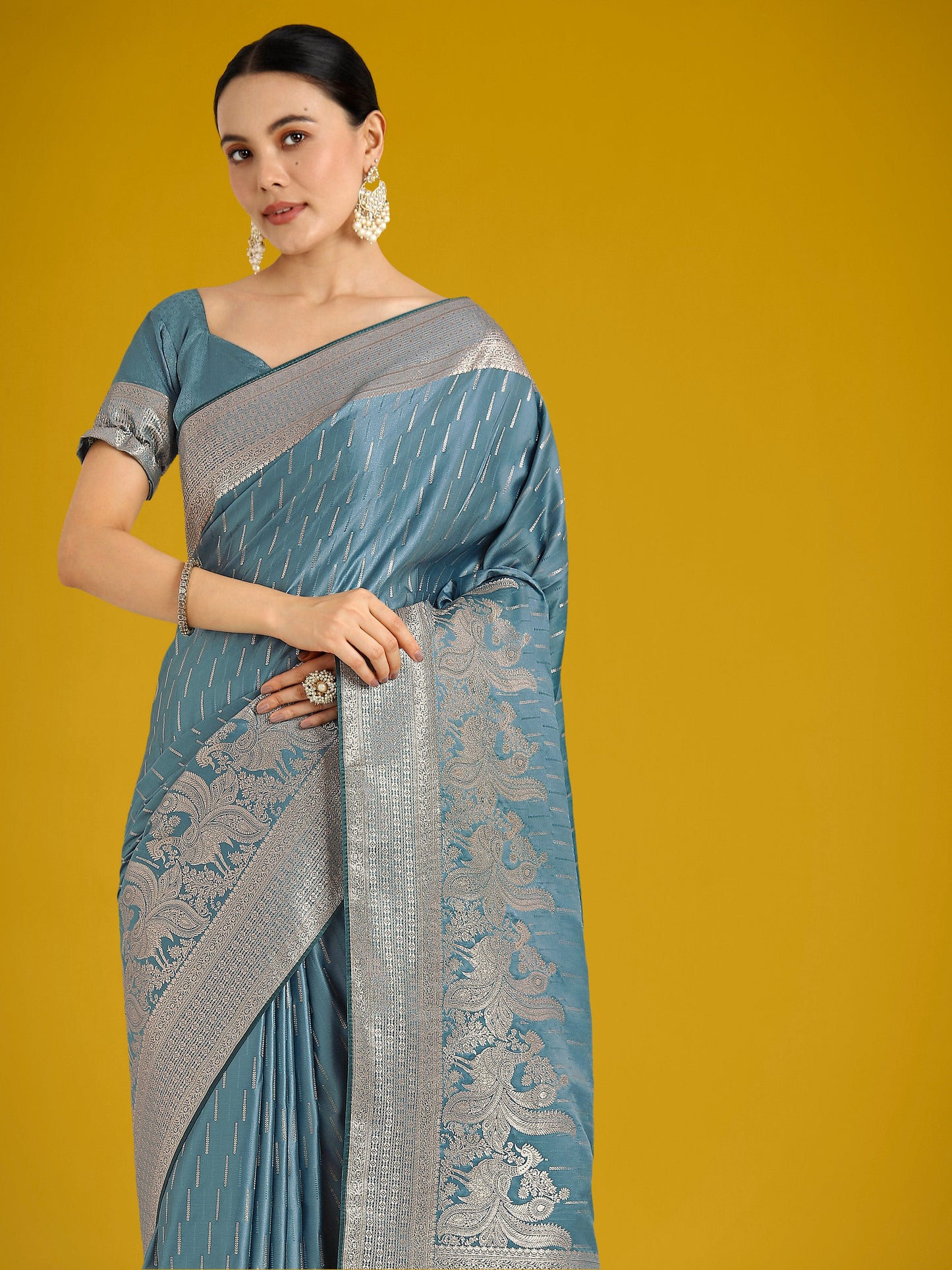 Monjolika Fashion Dusty Cyan Weaving Banarasi Satin Silk Trendy Saree For Festival | Swadesiicart