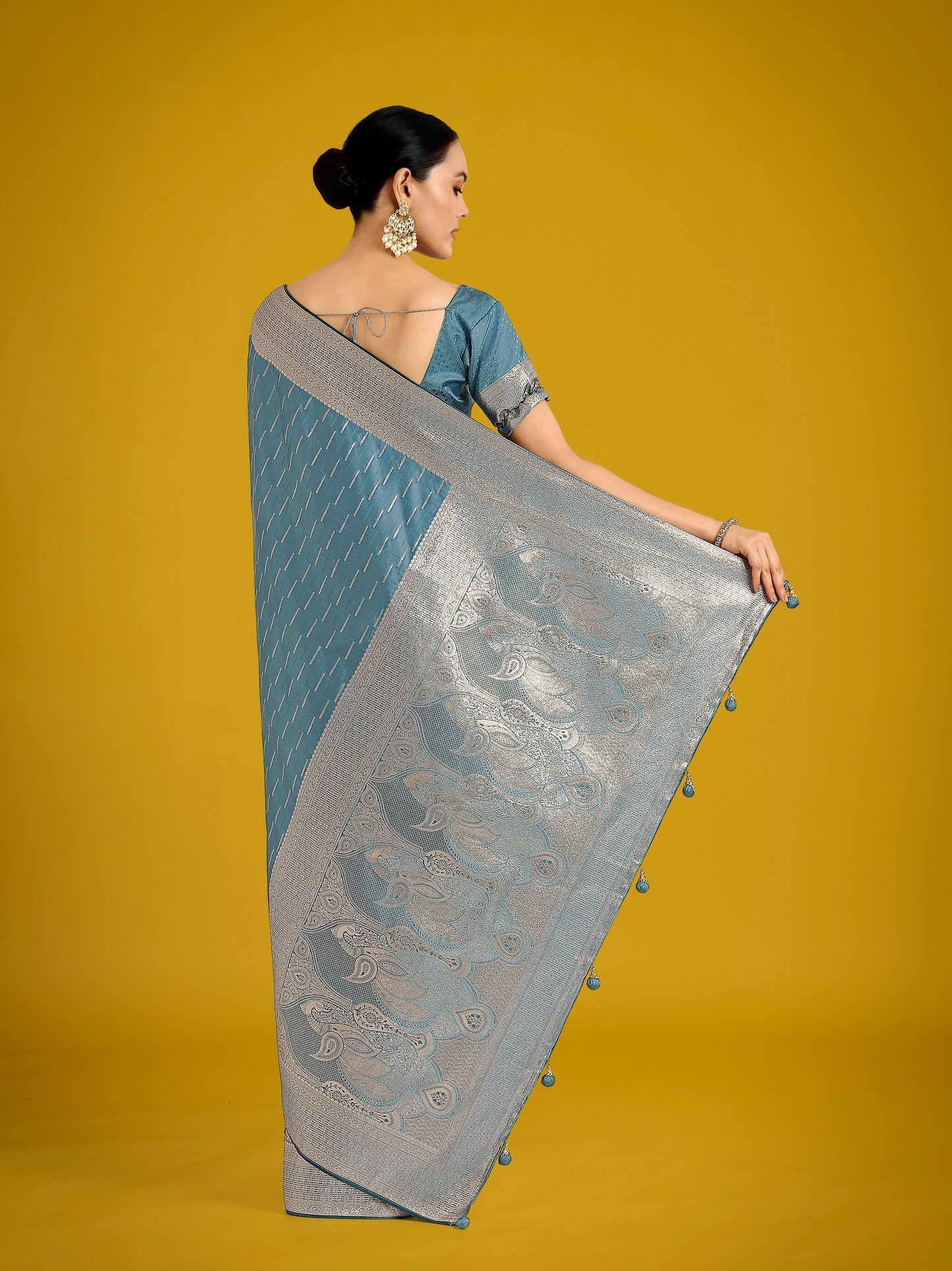 Monjolika Fashion Dusty Cyan Weaving Banarasi Satin Silk Trendy Saree For Festival | Swadesiicart