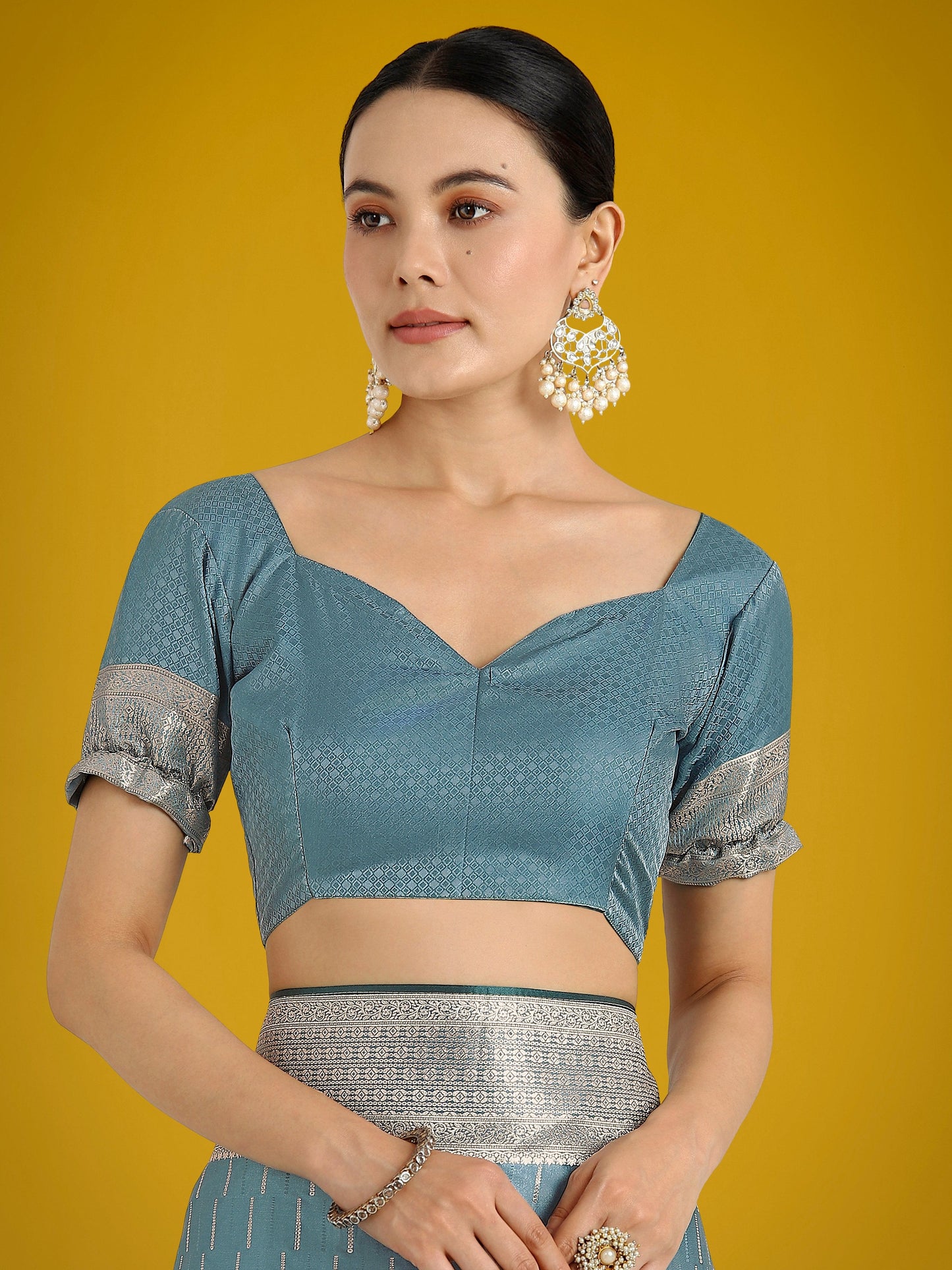 Monjolika Fashion Dusty Cyan Weaving Banarasi Satin Silk Trendy Saree For Festival | Swadesiicart