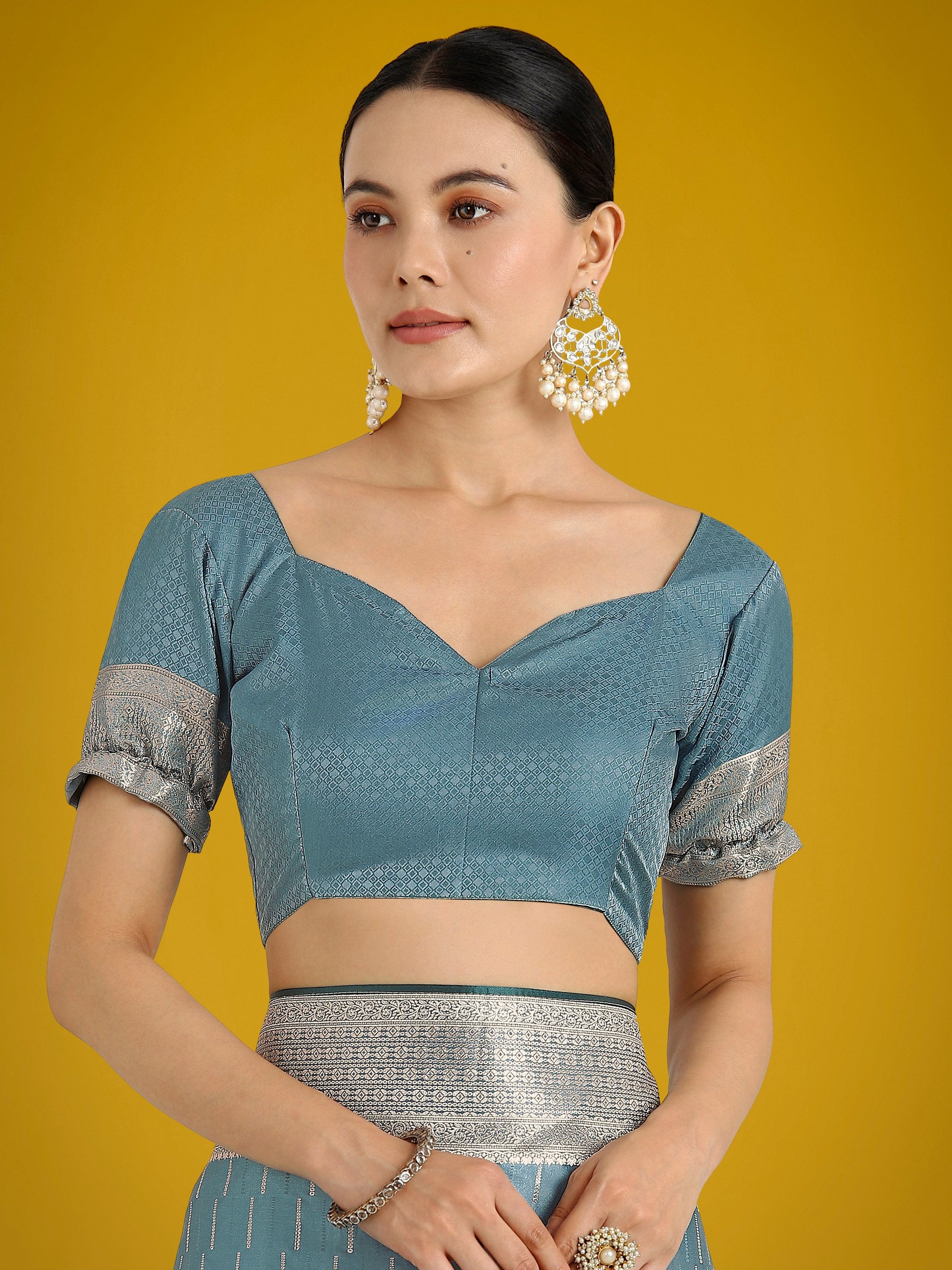 Monjolika Fashion Dusty Cyan Weaving Banarasi Satin Silk Trendy Saree For Festival | Swadesiicart