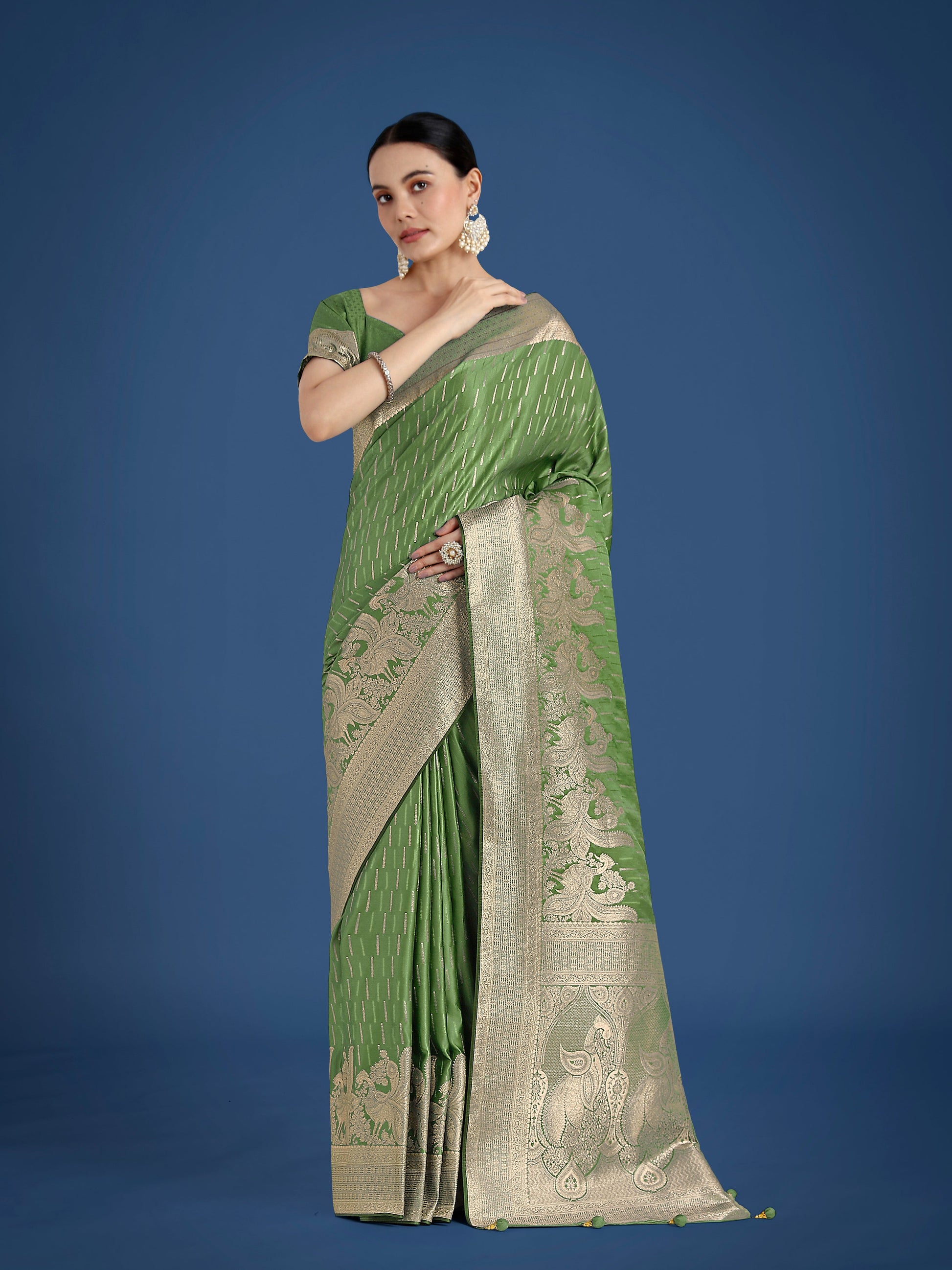 Monjolika Fashion Dusty Green Weaving Banarasi Satin Silk Trendy Saree For Festival | Swadesiicart