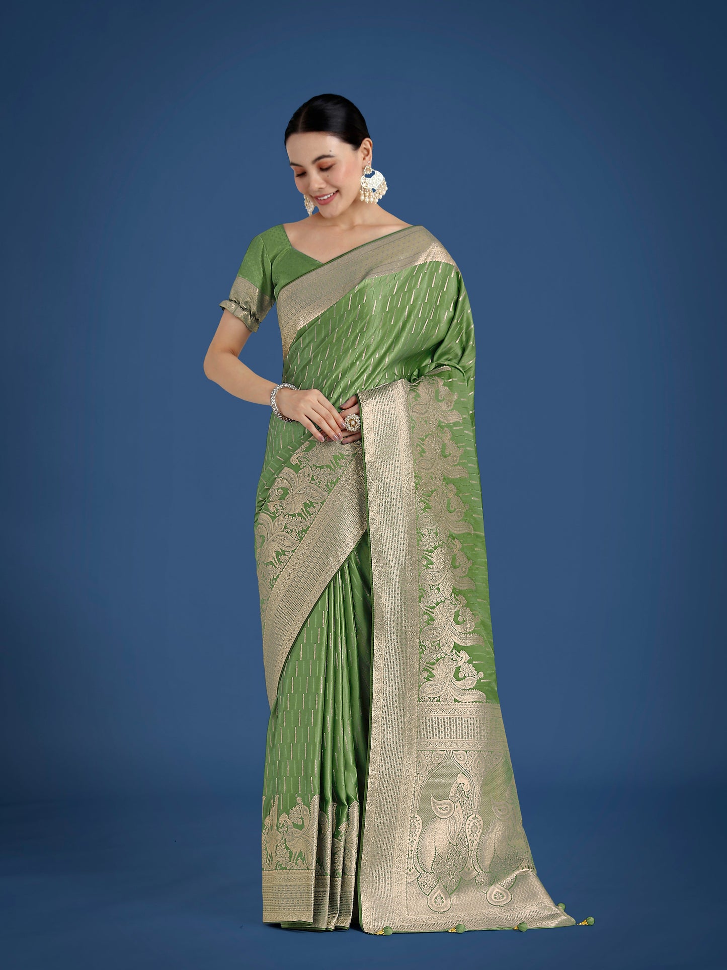 Monjolika Fashion Dusty Green Weaving Banarasi Satin Silk Trendy Saree For Festival | Swadesiicart
