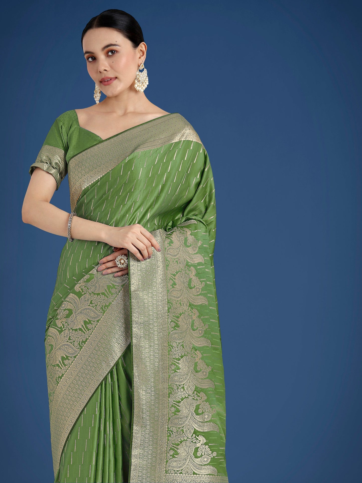 Monjolika Fashion Dusty Green Weaving Banarasi Satin Silk Trendy Saree For Festival | Swadesiicart