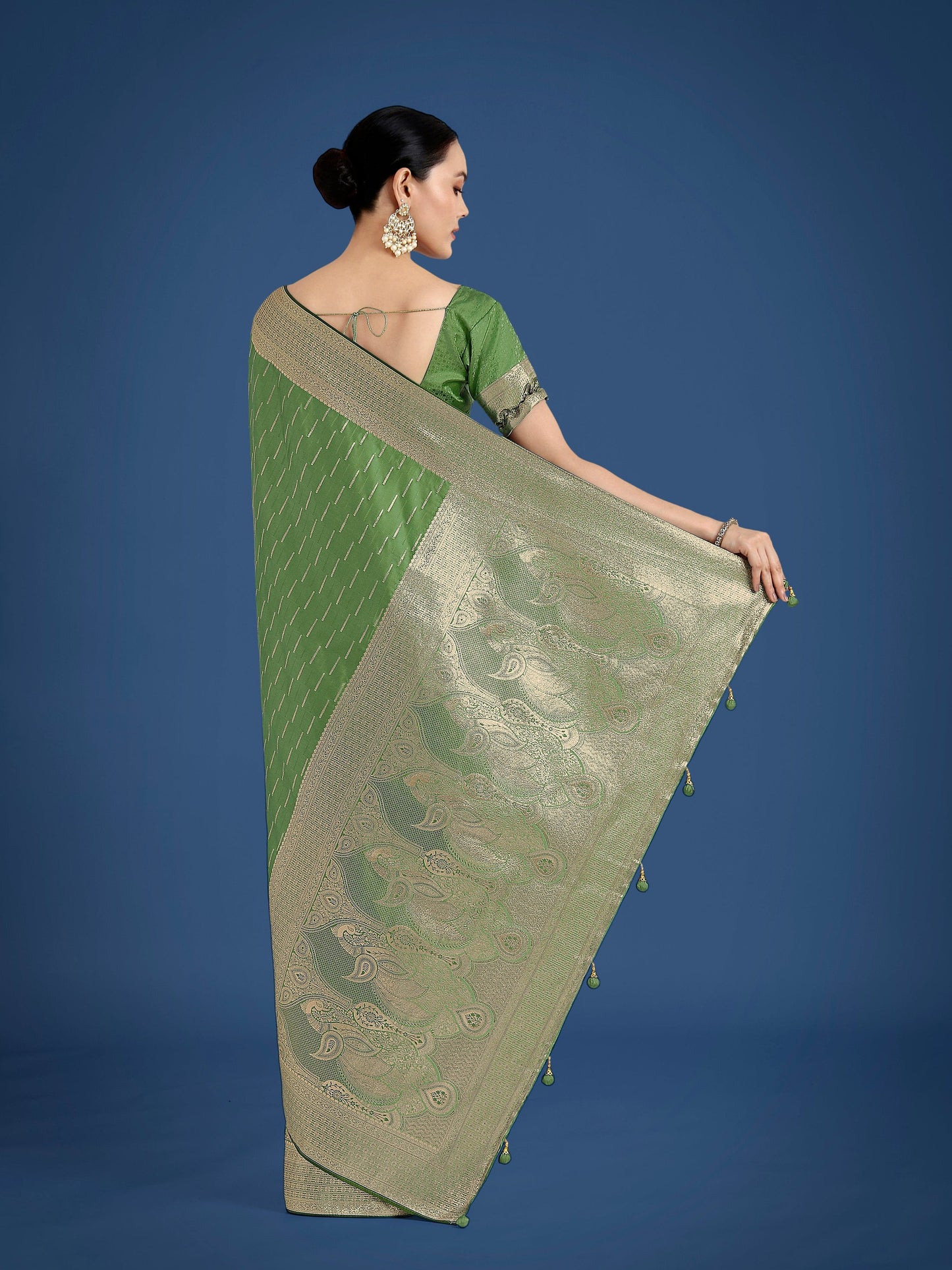 Monjolika Fashion Dusty Green Weaving Banarasi Satin Silk Trendy Saree For Festival | Swadesiicart