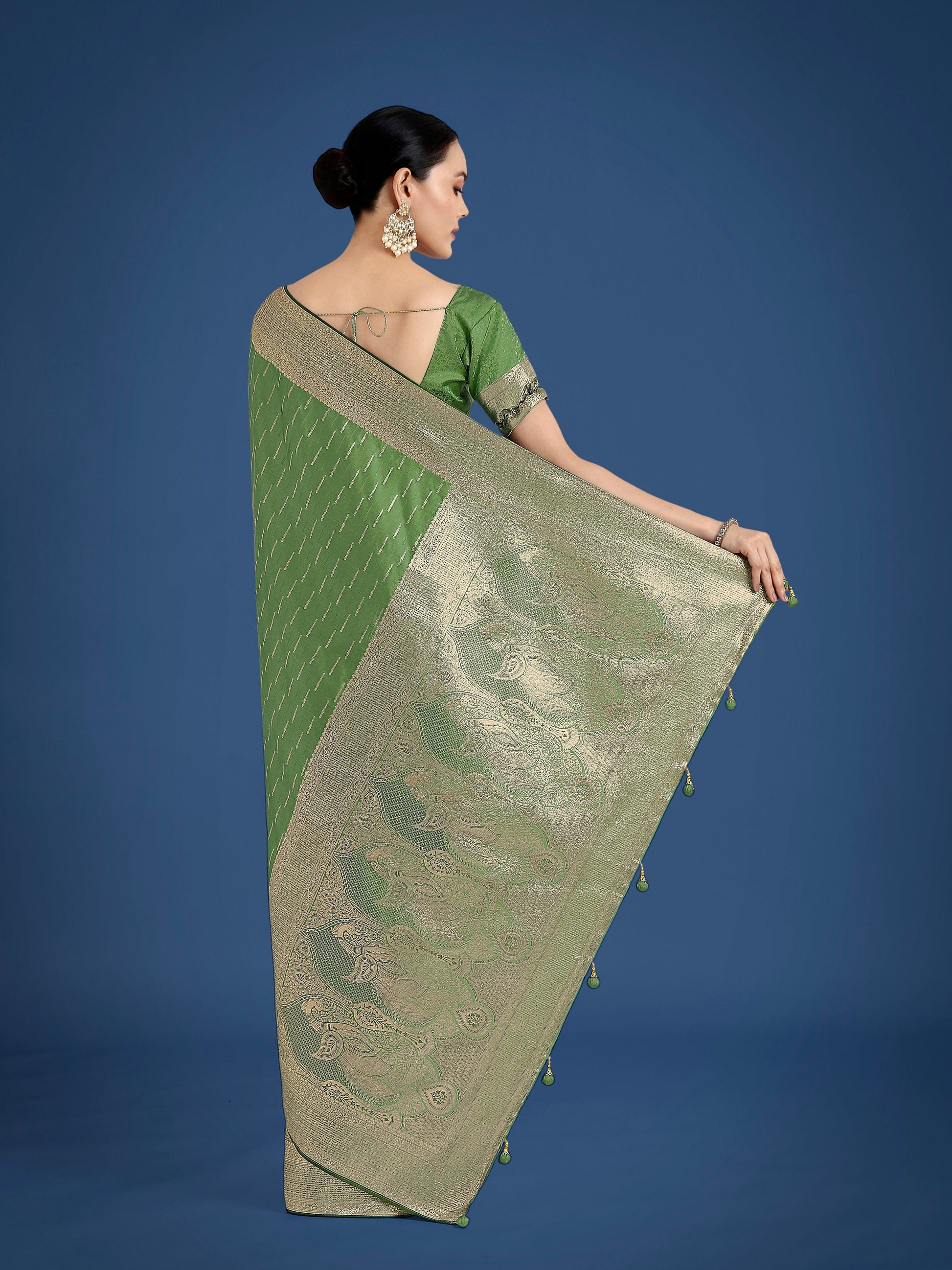 Monjolika Fashion Dusty Green Weaving Banarasi Satin Silk Trendy Saree For Festival | Swadesiicart