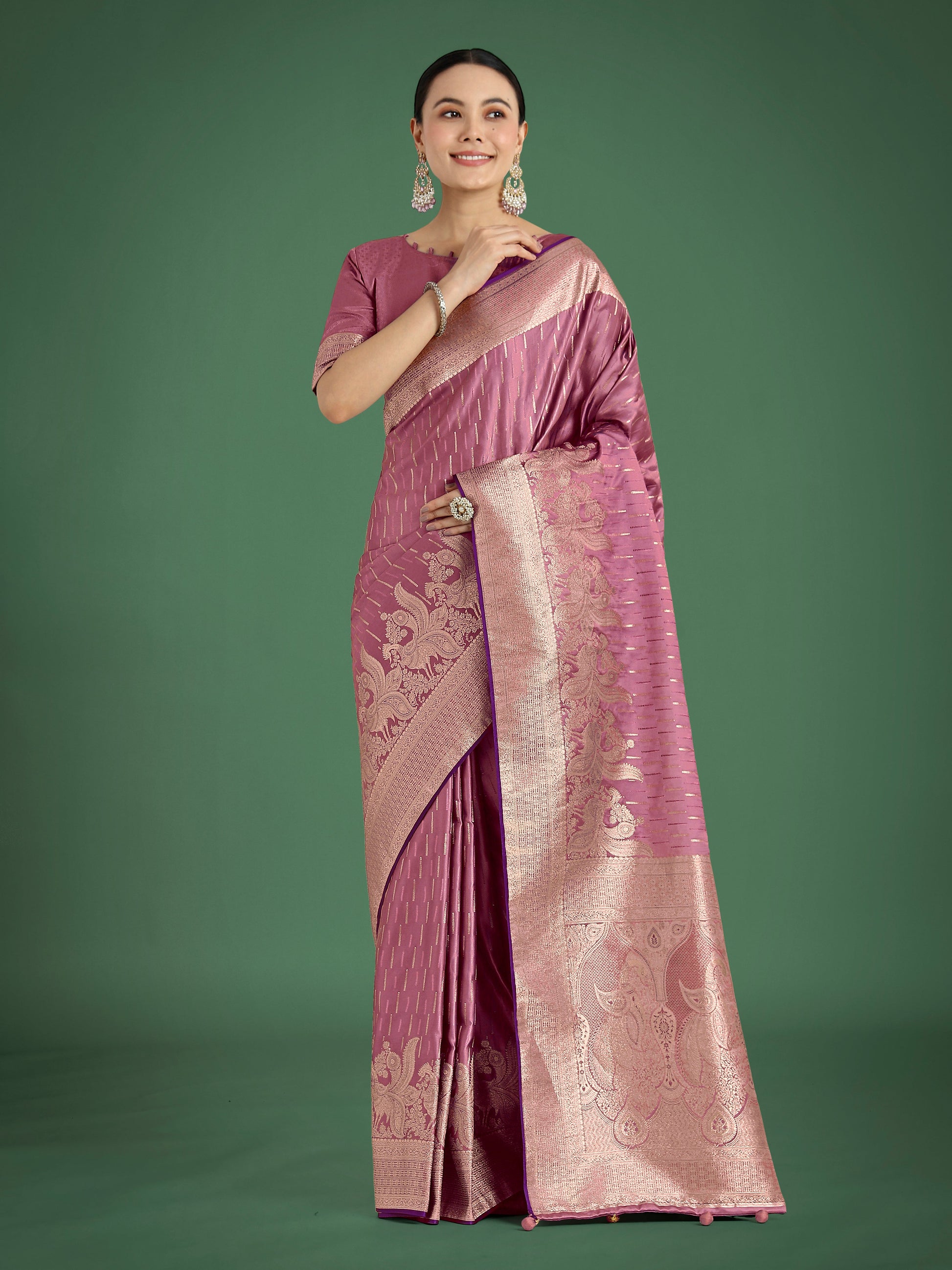 Monjolika Fashion Dusty Rose Pink Weaving Banarasi Satin Silk Trendy Saree For Festival | Swadesiicart