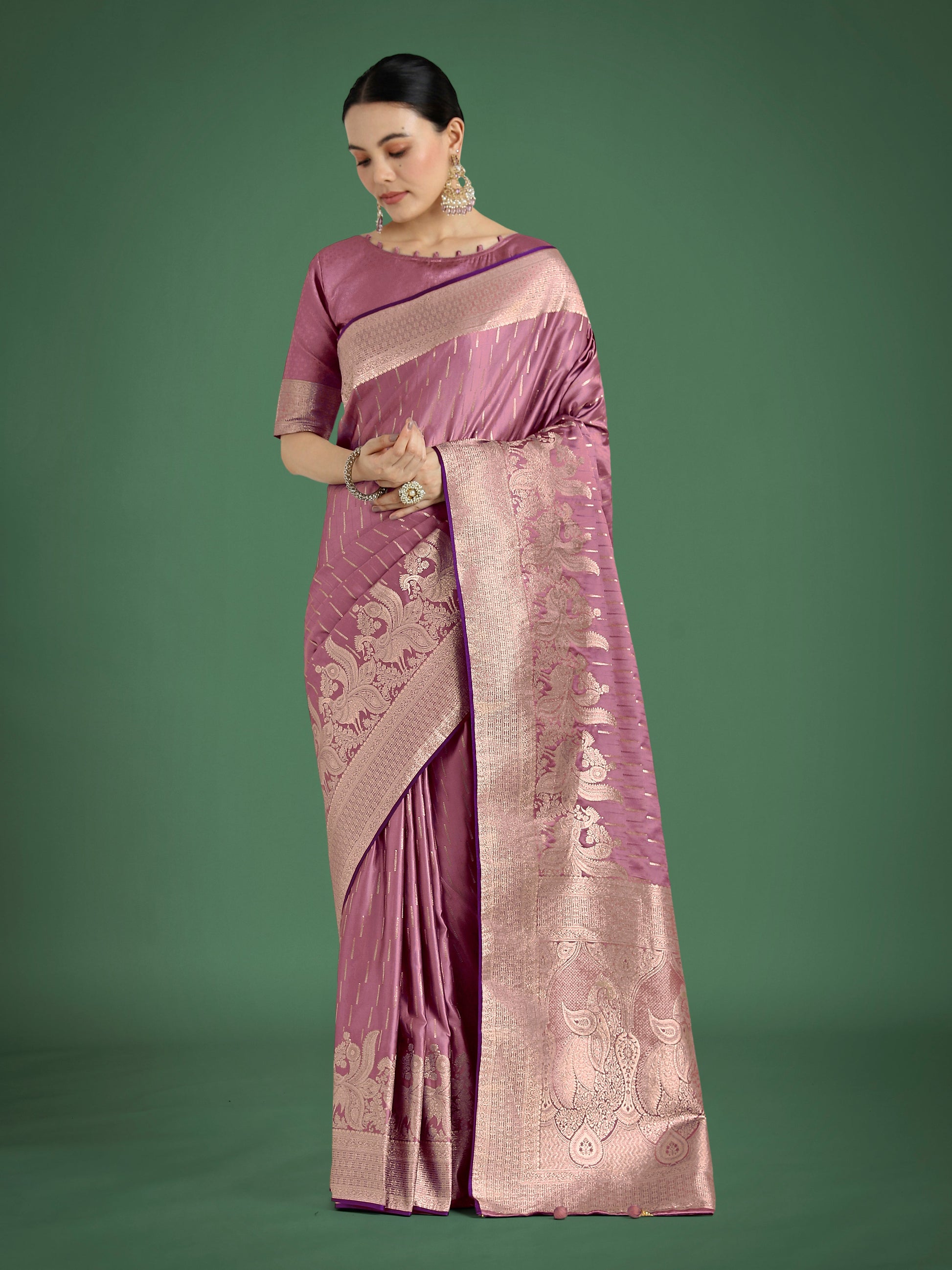 Monjolika Fashion Dusty Rose Pink Weaving Banarasi Satin Silk Trendy Saree For Festival | Swadesiicart