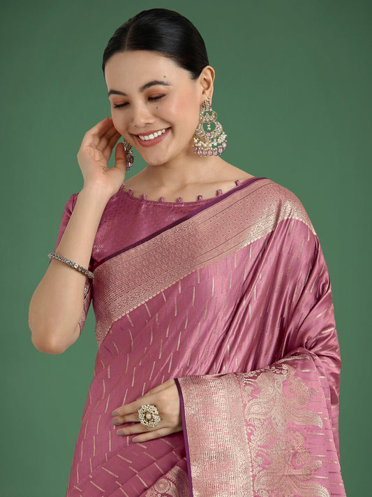 Monjolika Fashion Dusty Rose Pink Weaving Banarasi Satin Silk Trendy Saree For Festival | Swadesiicart