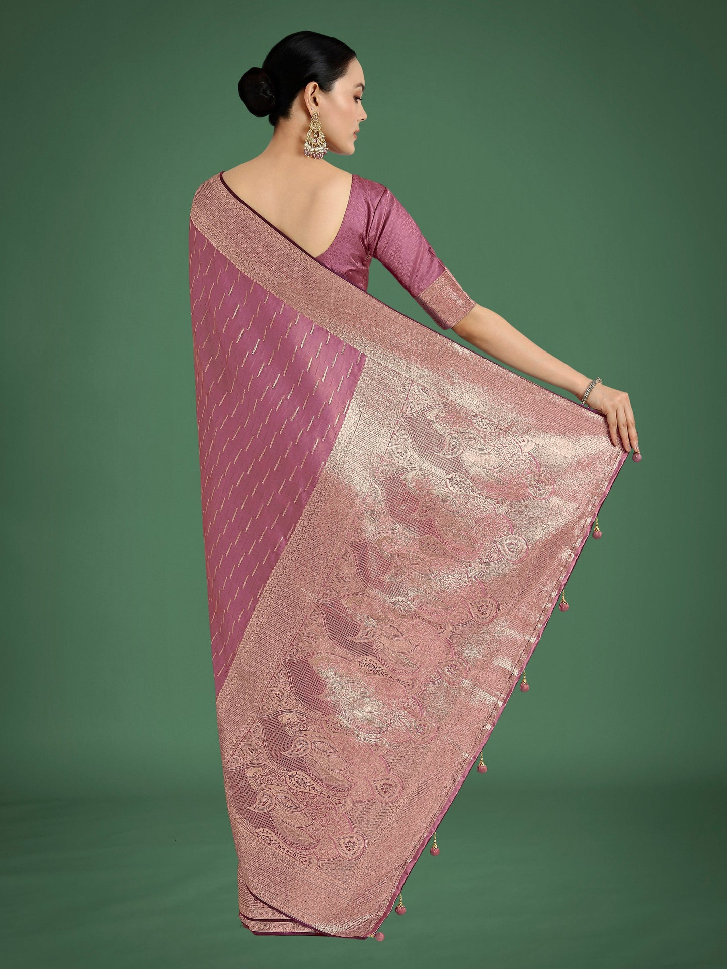 Monjolika Fashion Dusty Rose Pink Weaving Banarasi Satin Silk Trendy Saree For Festival | Swadesiicart
