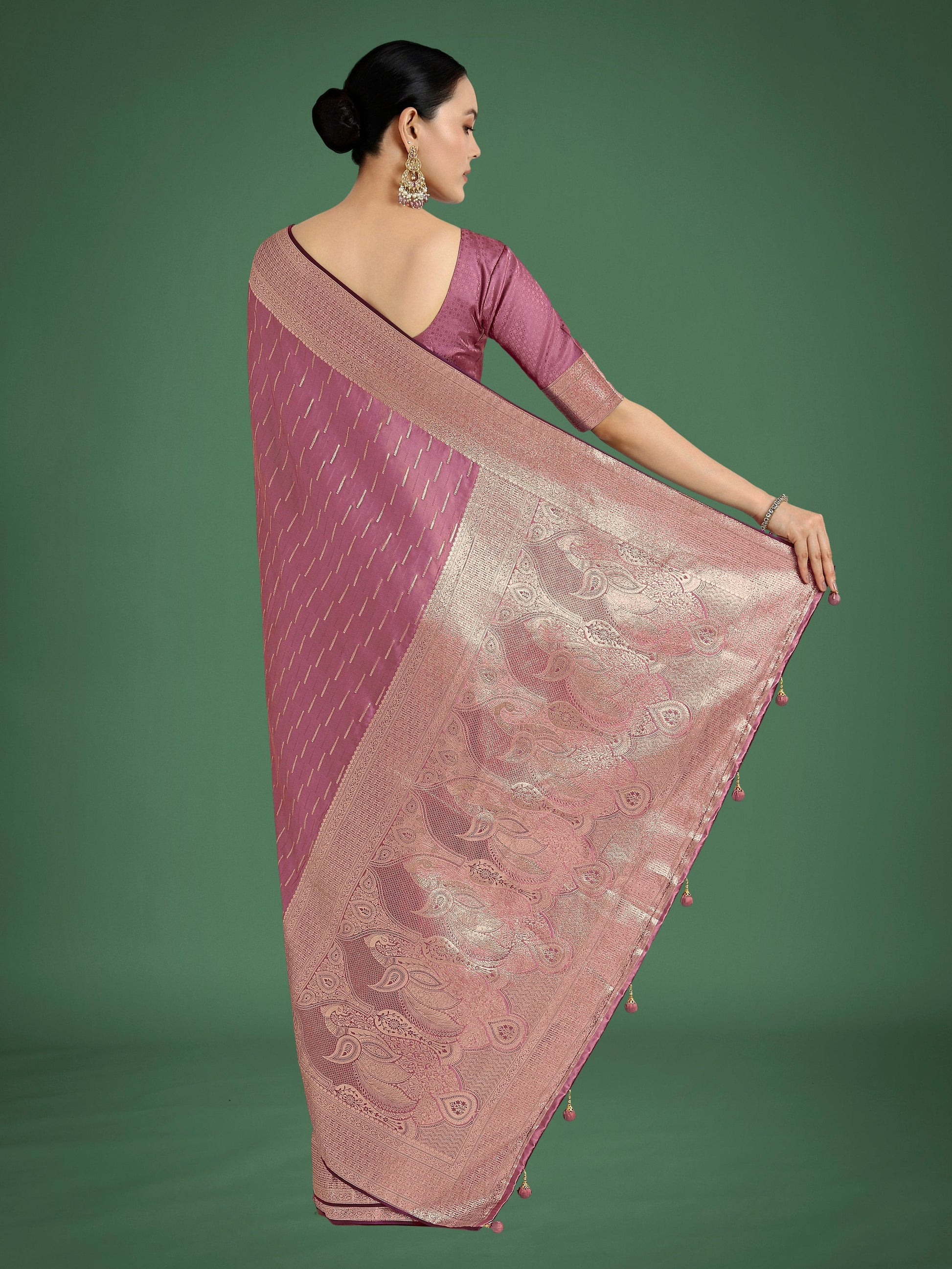 Monjolika Fashion Dusty Rose Pink Weaving Banarasi Satin Silk Trendy Saree For Festival | Swadesiicart