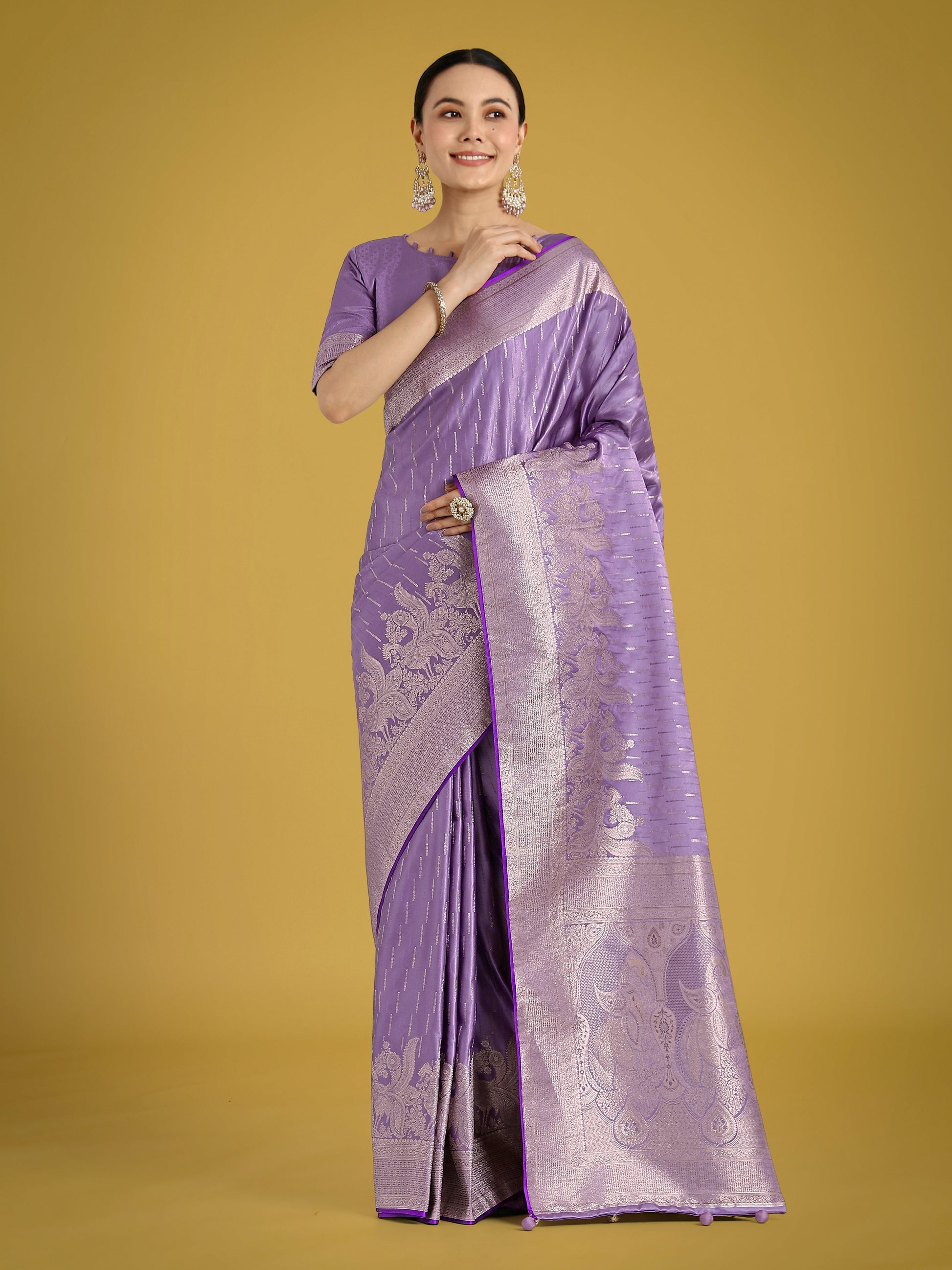 Monjolika Fashion Dusty Lavender Weaving Banarasi Satin Silk Trendy Saree For Festival | Swadesiicart