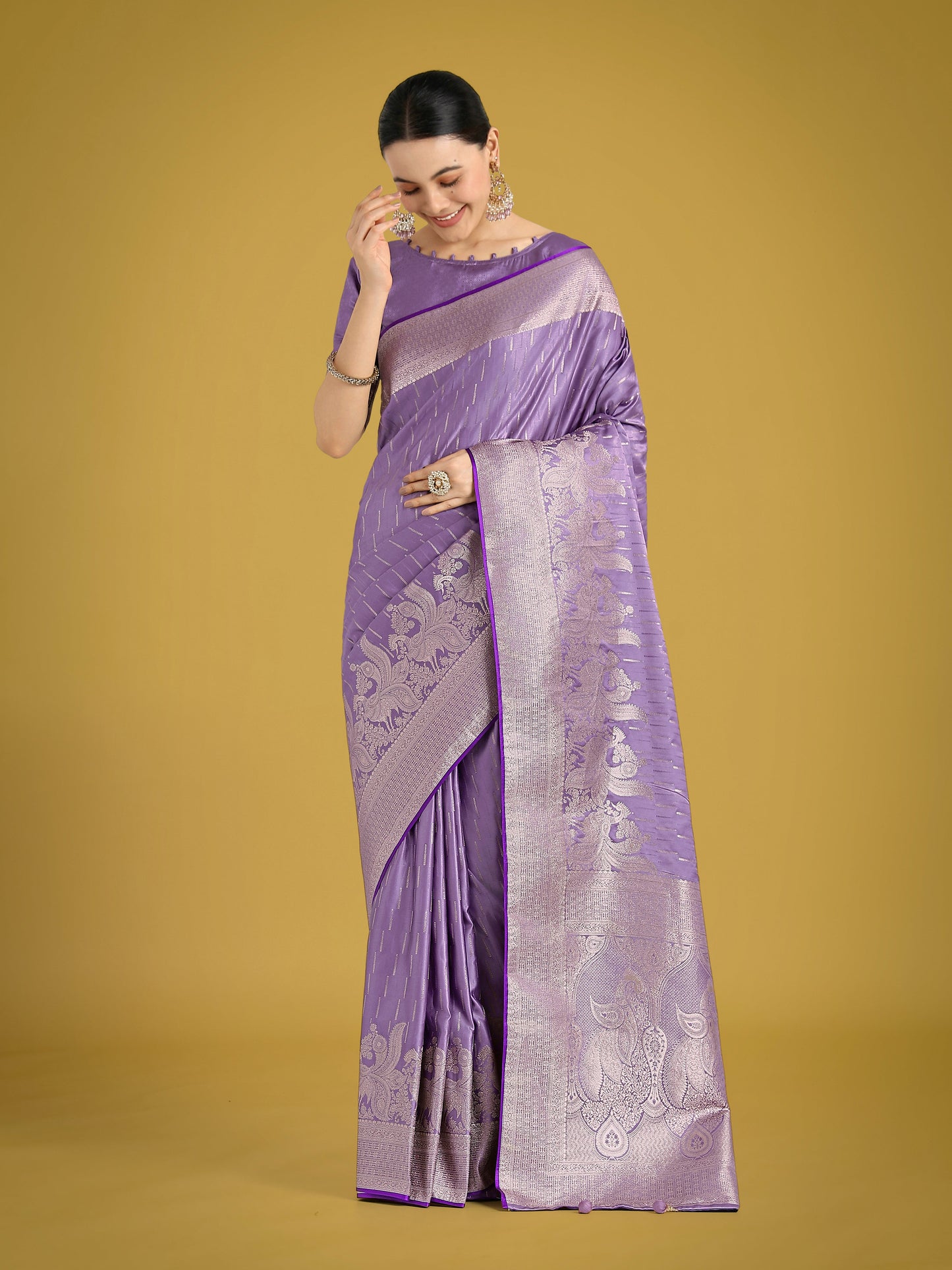 Monjolika Fashion Dusty Lavender Weaving Banarasi Satin Silk Trendy Saree For Festival | Swadesiicart