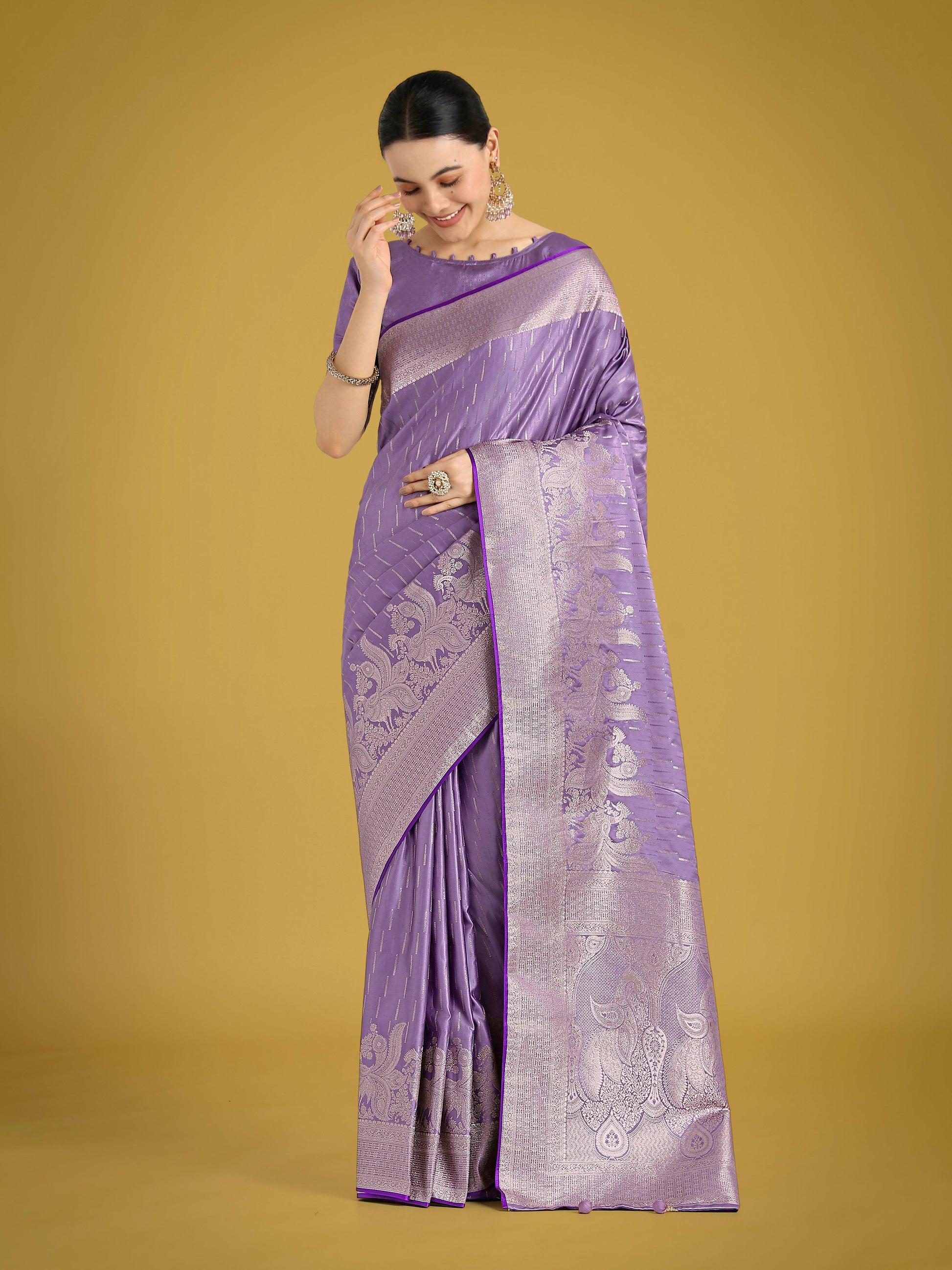 Monjolika Fashion Dusty Lavender Weaving Banarasi Satin Silk Trendy Saree For Festival | Swadesiicart
