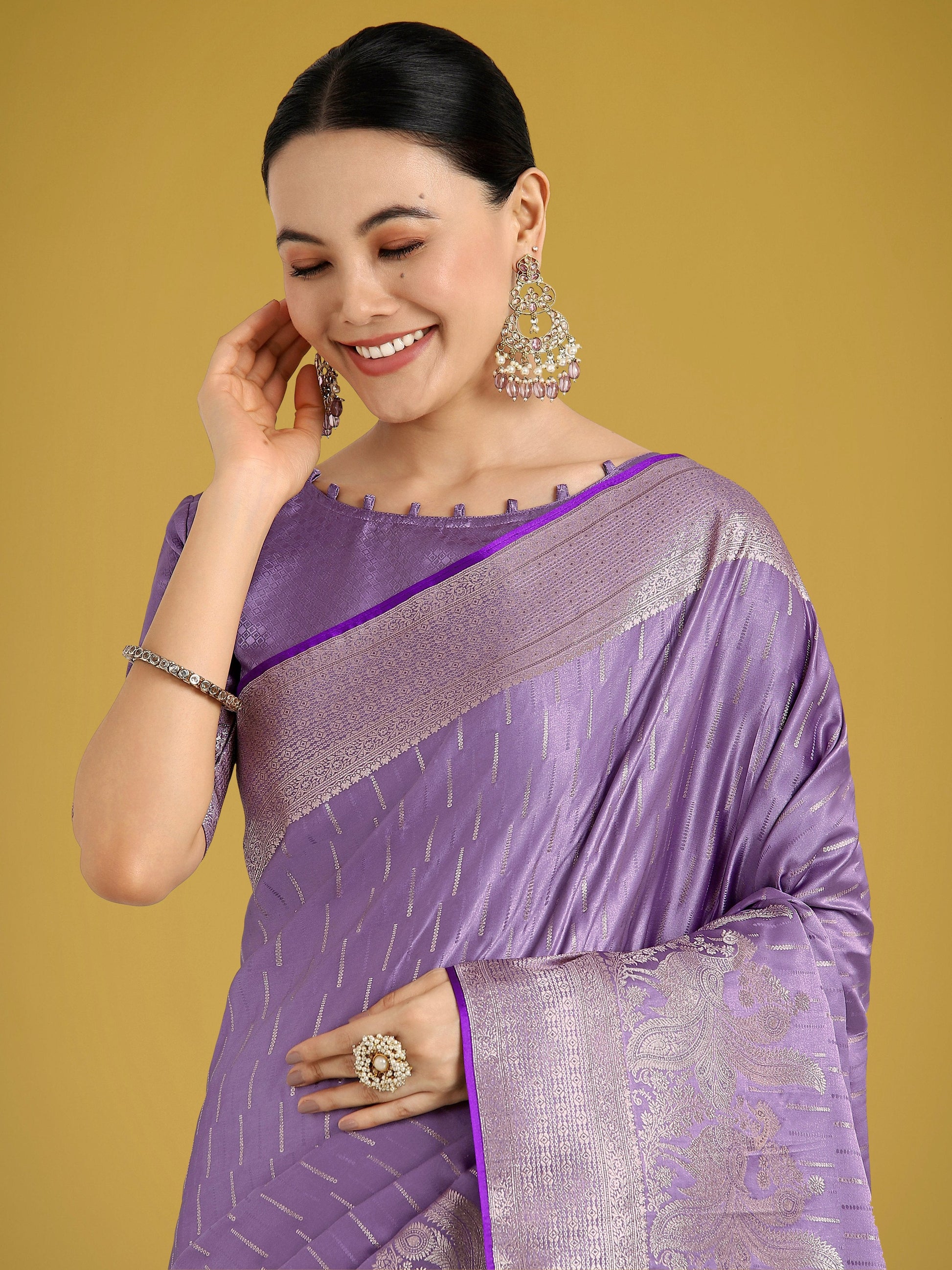 Monjolika Fashion Dusty Lavender Weaving Banarasi Satin Silk Trendy Saree For Festival | Swadesiicart
