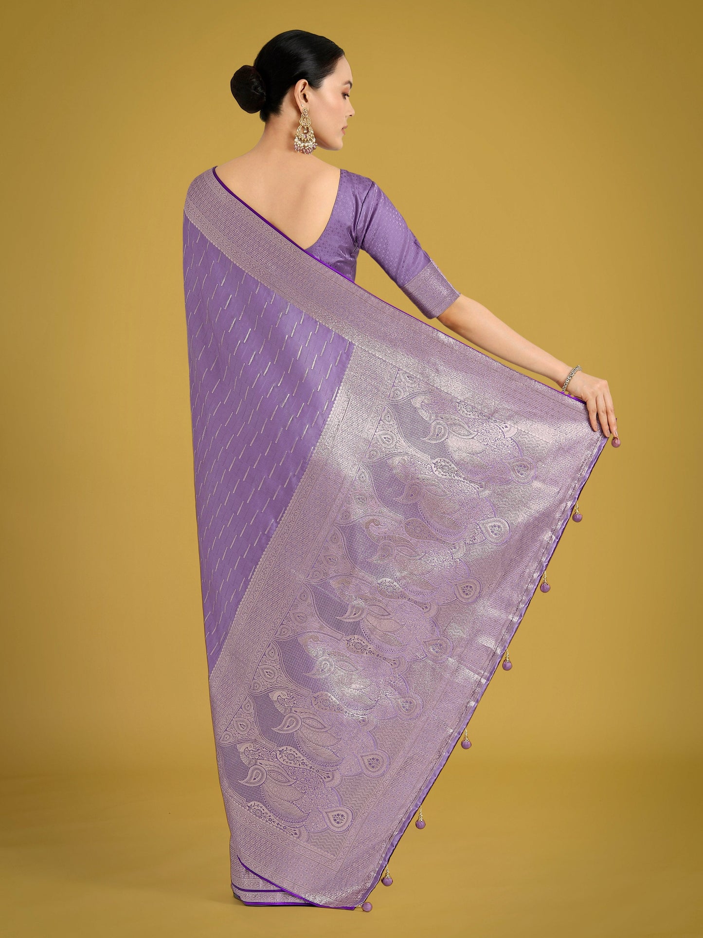 Monjolika Fashion Dusty Lavender Weaving Banarasi Satin Silk Trendy Saree For Festival | Swadesiicart