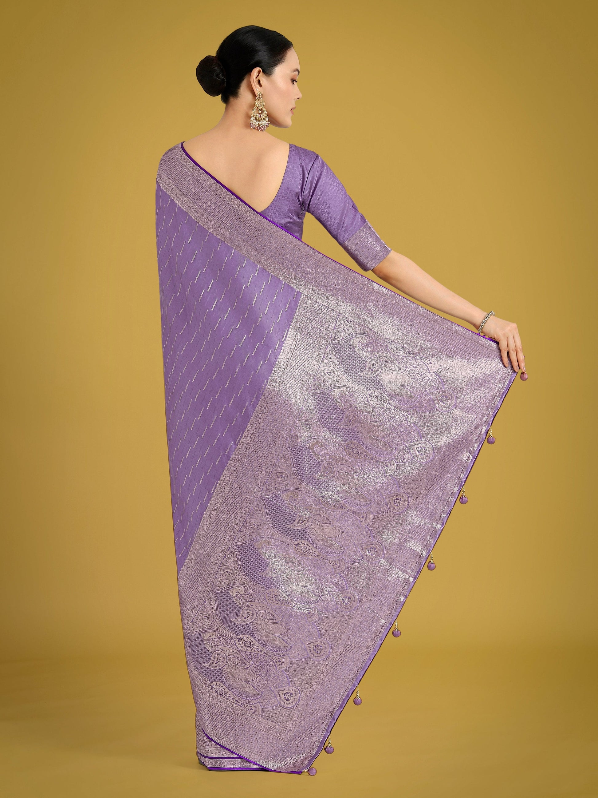 Monjolika Fashion Dusty Lavender Weaving Banarasi Satin Silk Trendy Saree For Festival | Swadesiicart