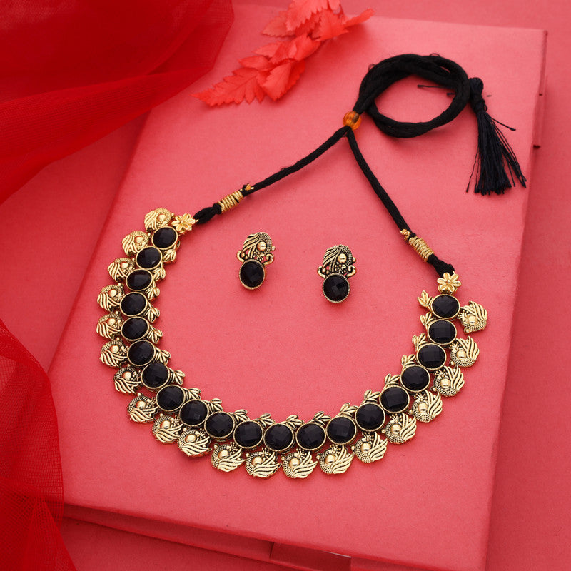 Tehzeeb Creations Black Colour Gold-Polished Stone Jewellery Choker Necklace Set With Matching Pair of Stud Earrings - Swadesiicart